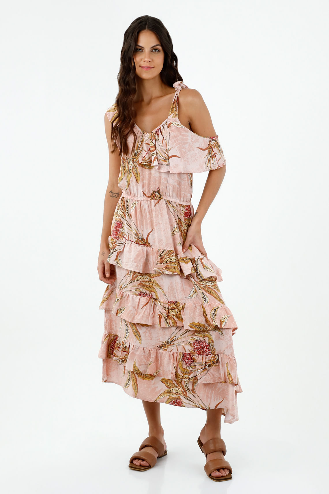 Vestido de mujer, diseño midi, con cuello en V de tiras, con estampado floral