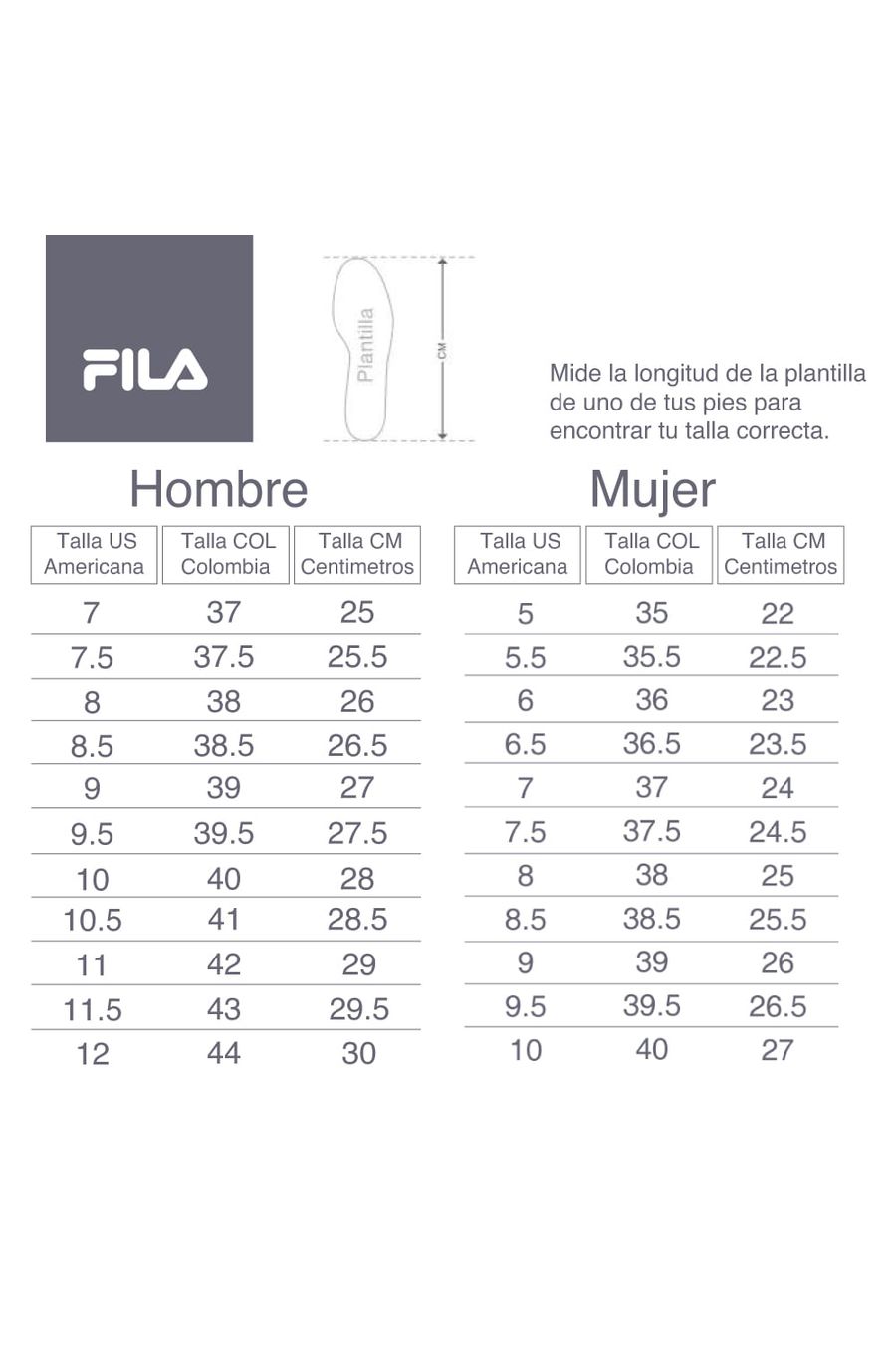 guia de tallas zapatillas fila cm