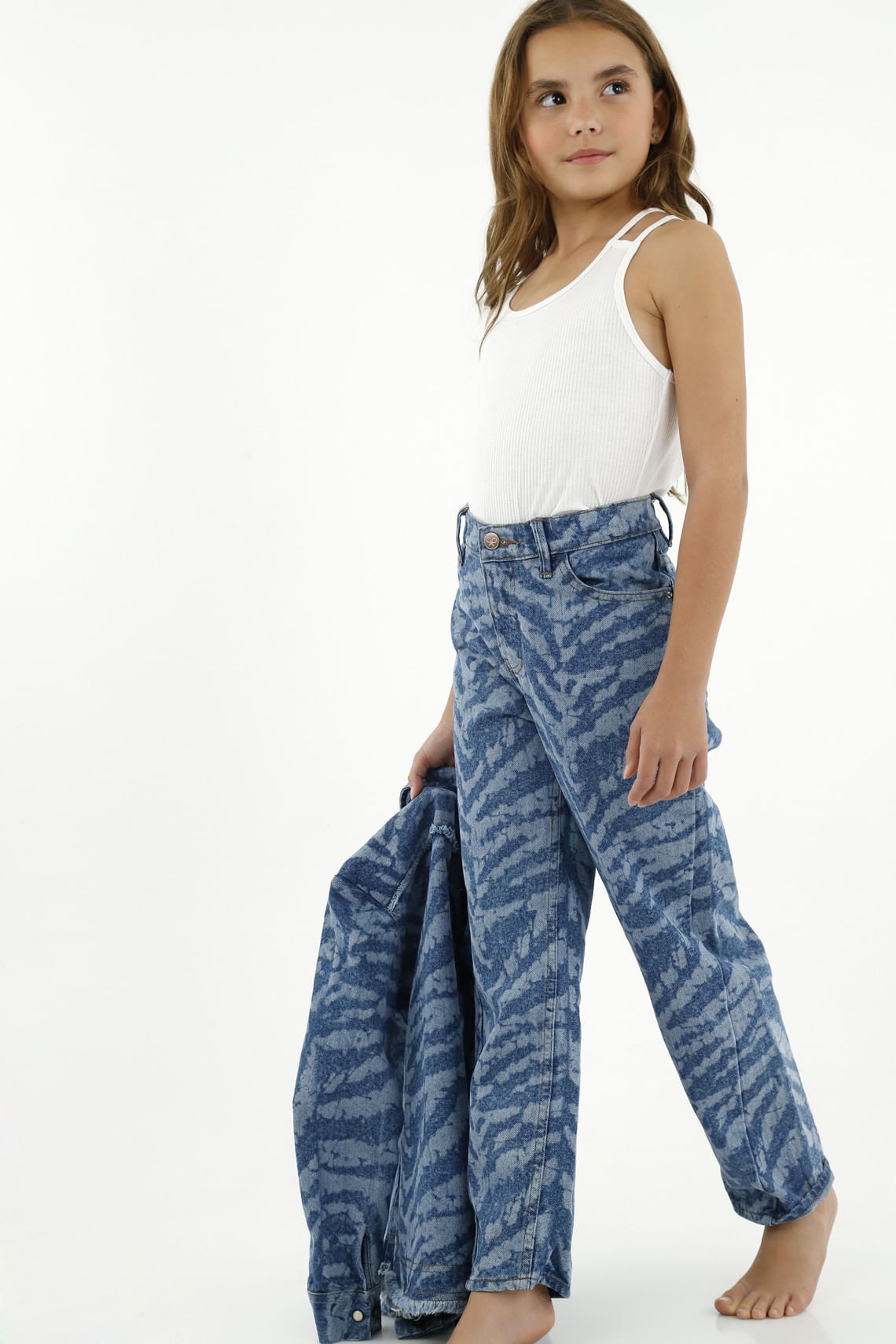 Jean con lavado láser animal print azul para niña