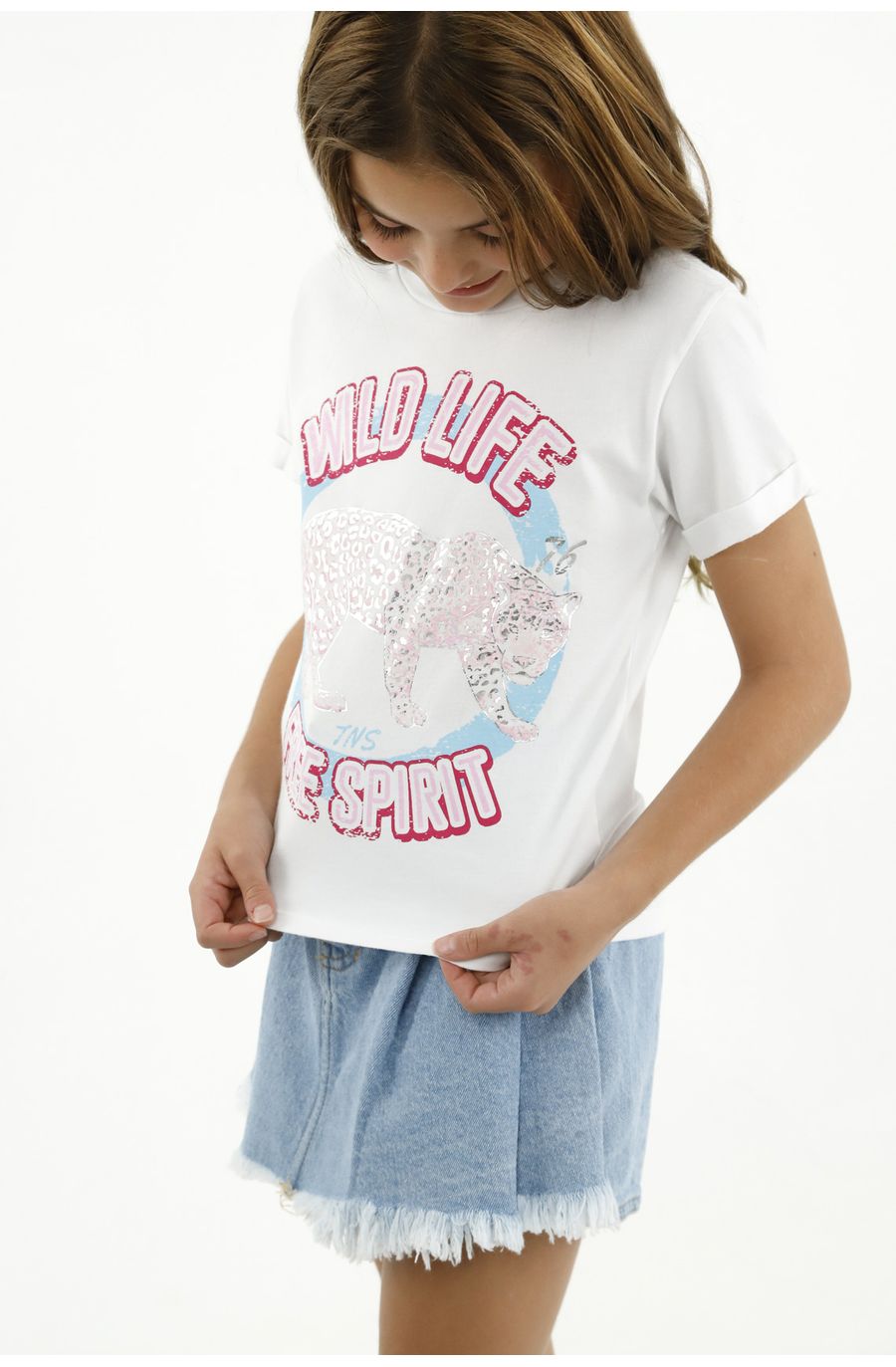 Camiseta blanca estampado brillante para niña