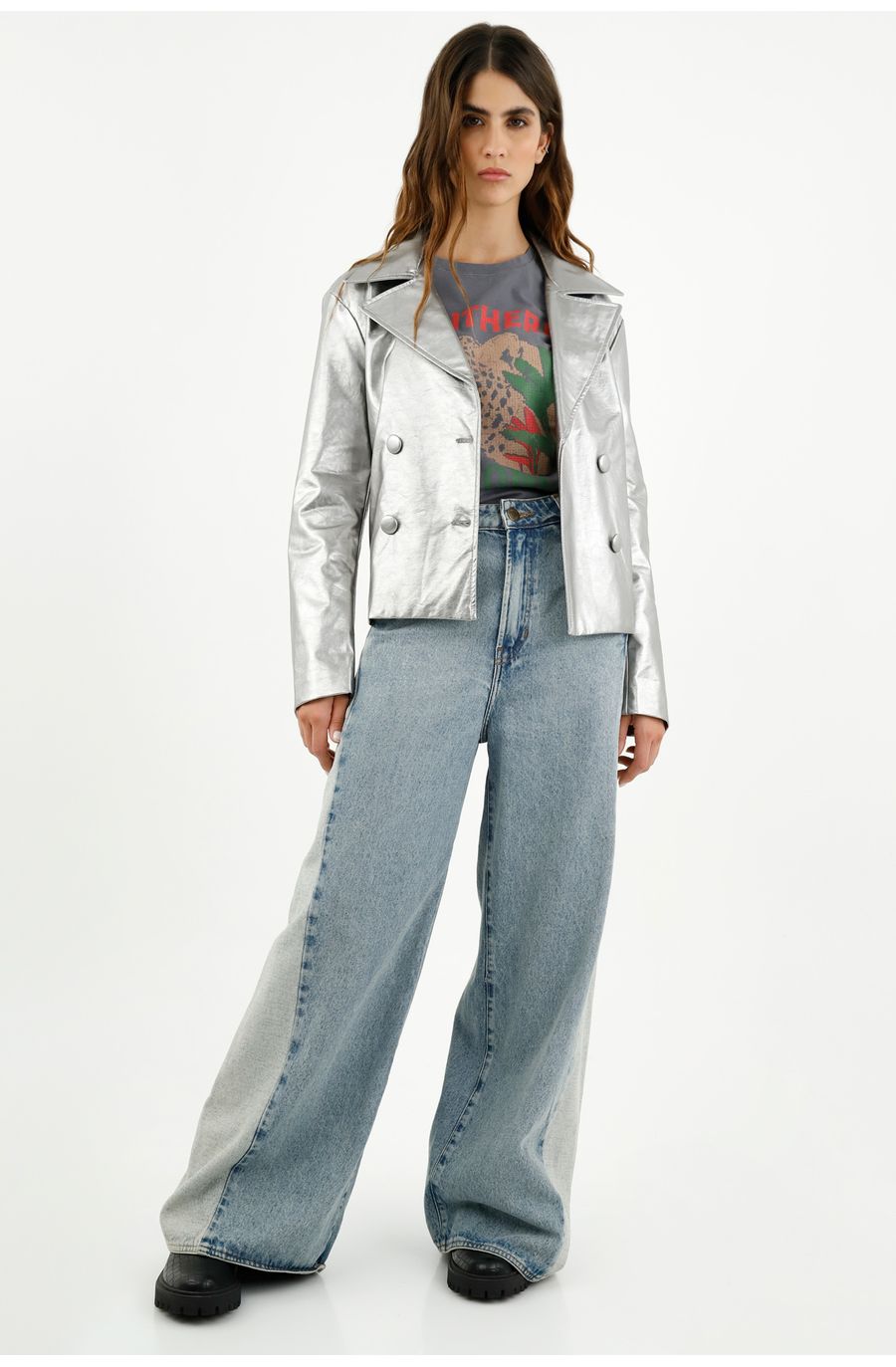 Chaqueta tipo blazer metálica para mujer