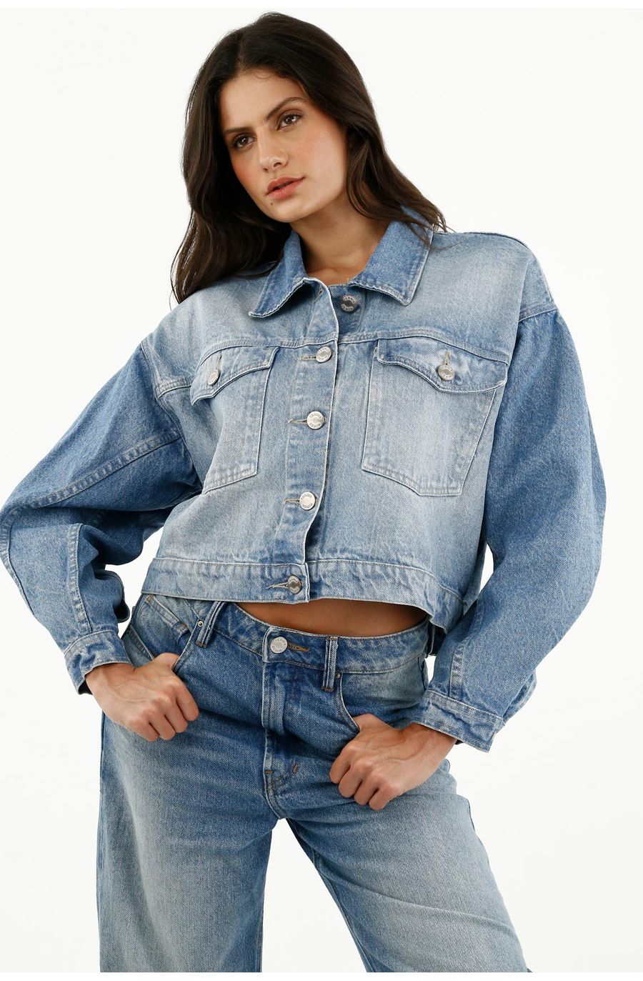 Chaqueta azul manga bombacha para mujer