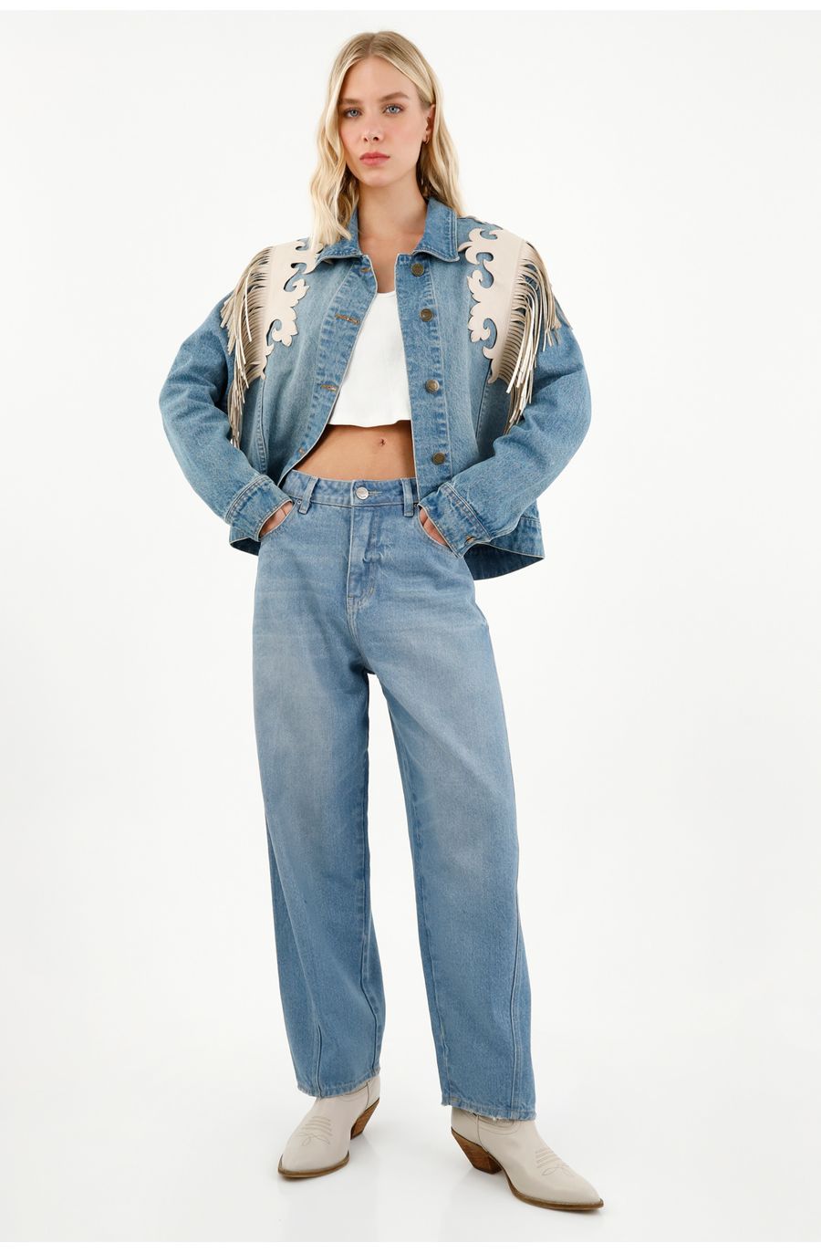 Chaqueta con flecos azul para mujer