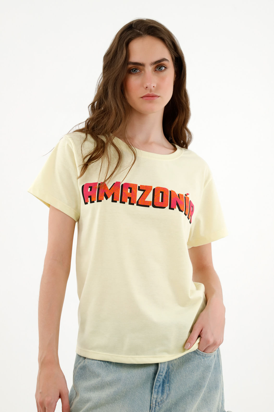 Camiseta amarilla estampada en frente para mujer