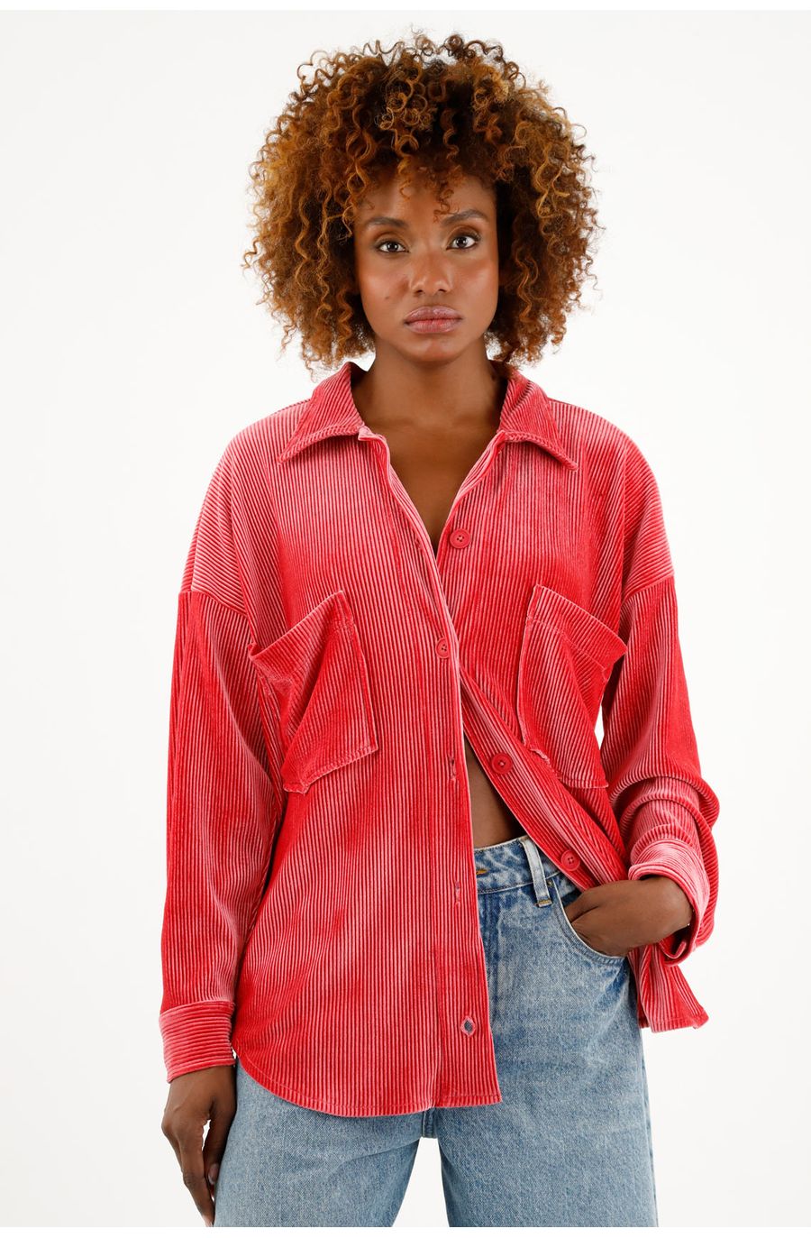 Camisa acanalada rosada para mujer