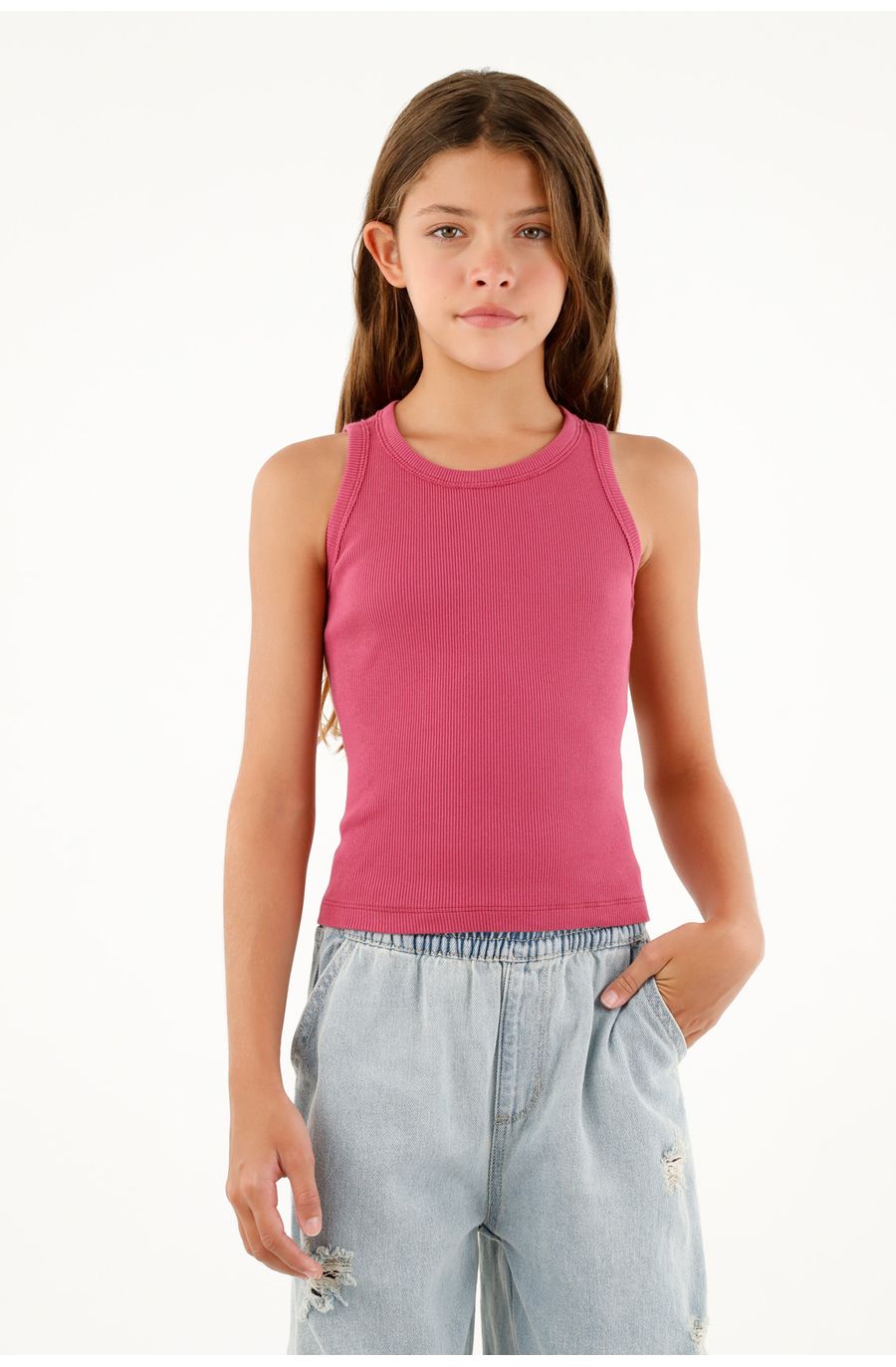 Camiseta manga sisa rosada para niña