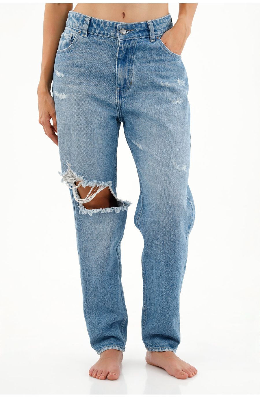 Jean Mom fit azul con desgastes para mujer