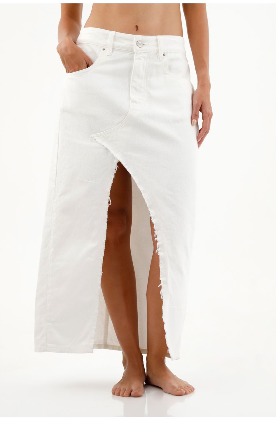 Falda larga en denim crudo para mujer