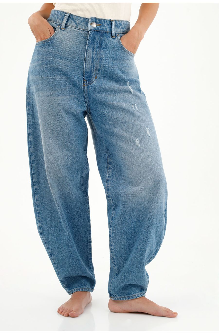 Jean Slouchy tiro alto azul para mujer
