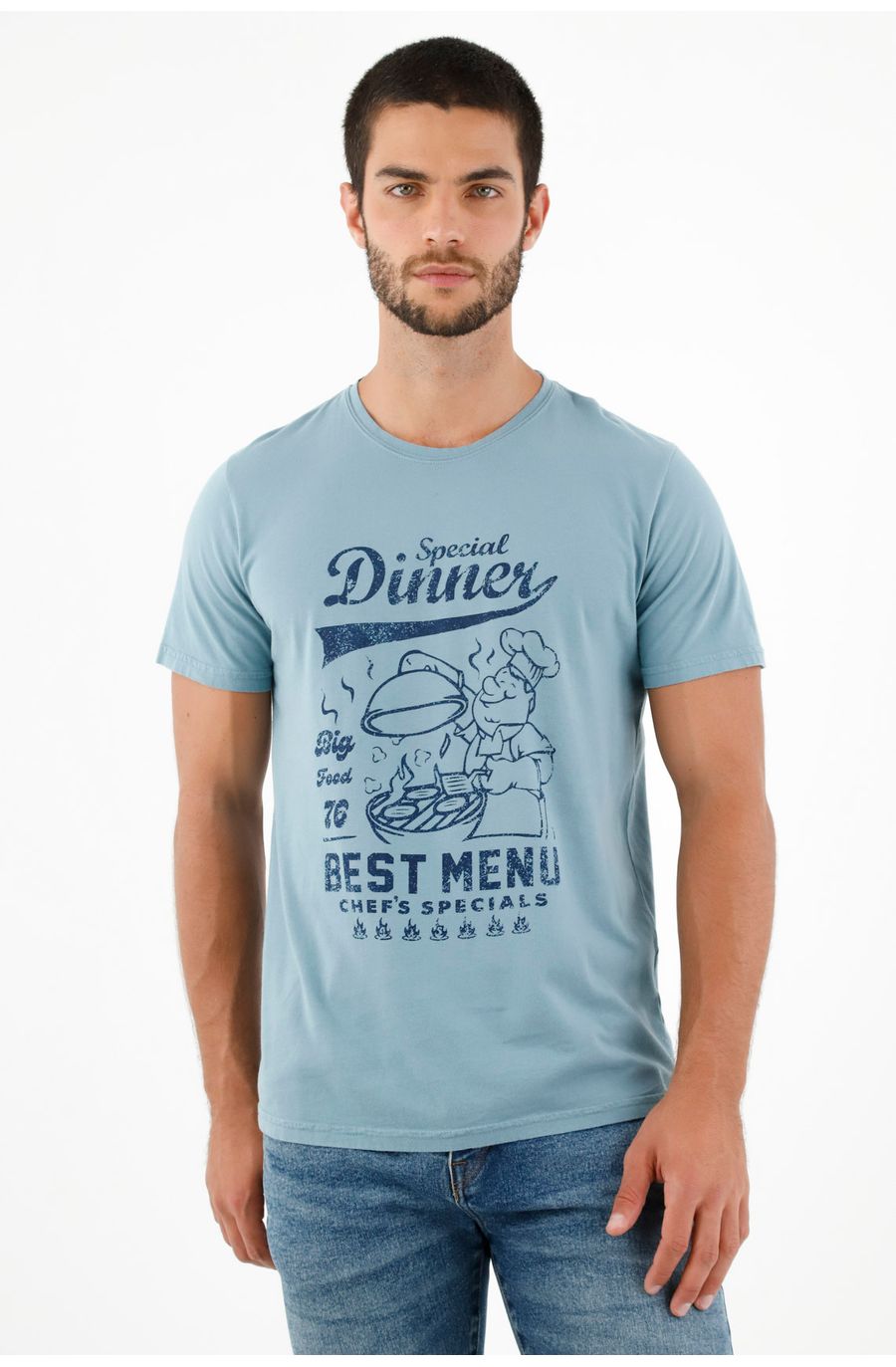 Camiseta azul estampada en frente para hombre