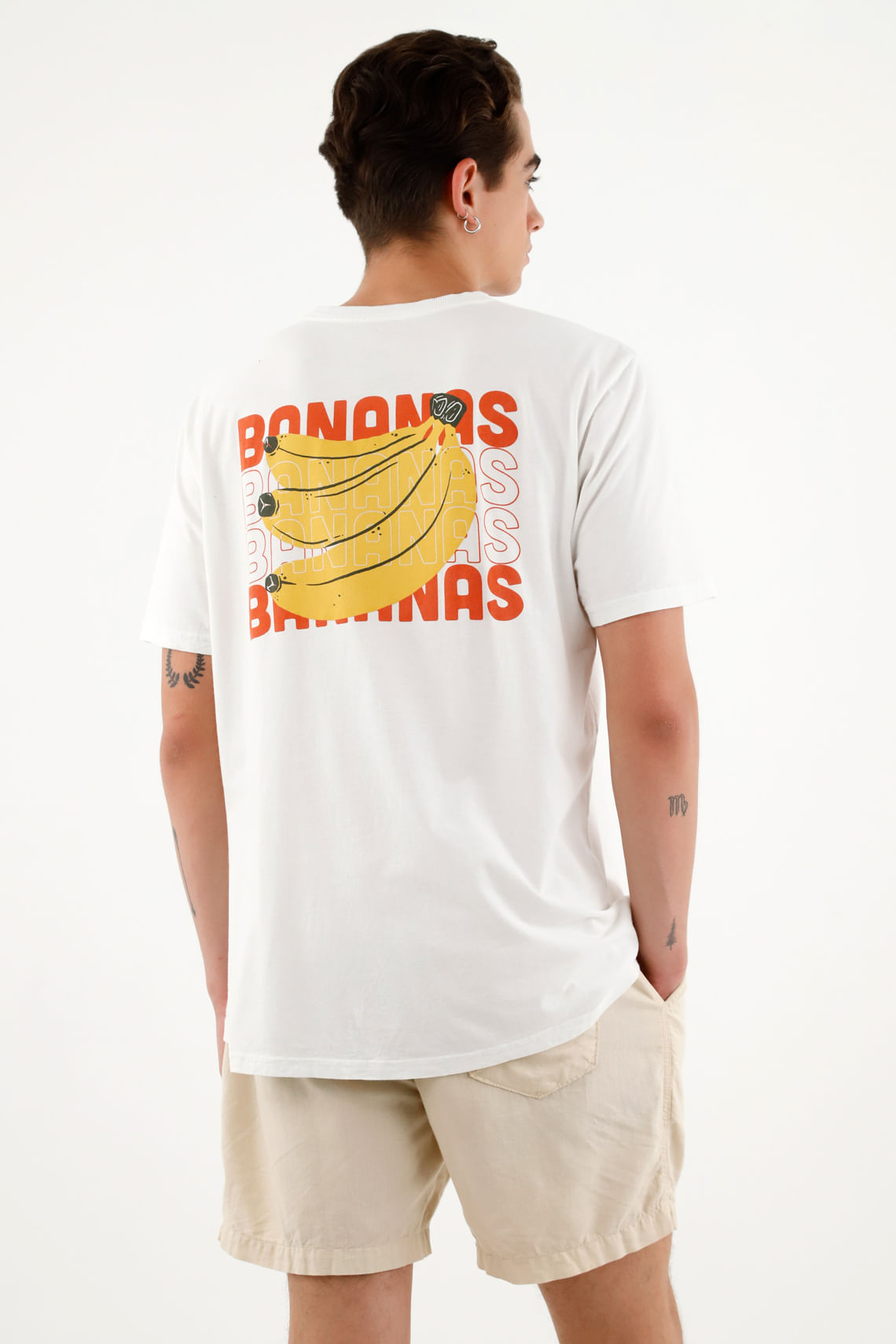 Camiseta unisex blanca con estampado de bananas en posterior