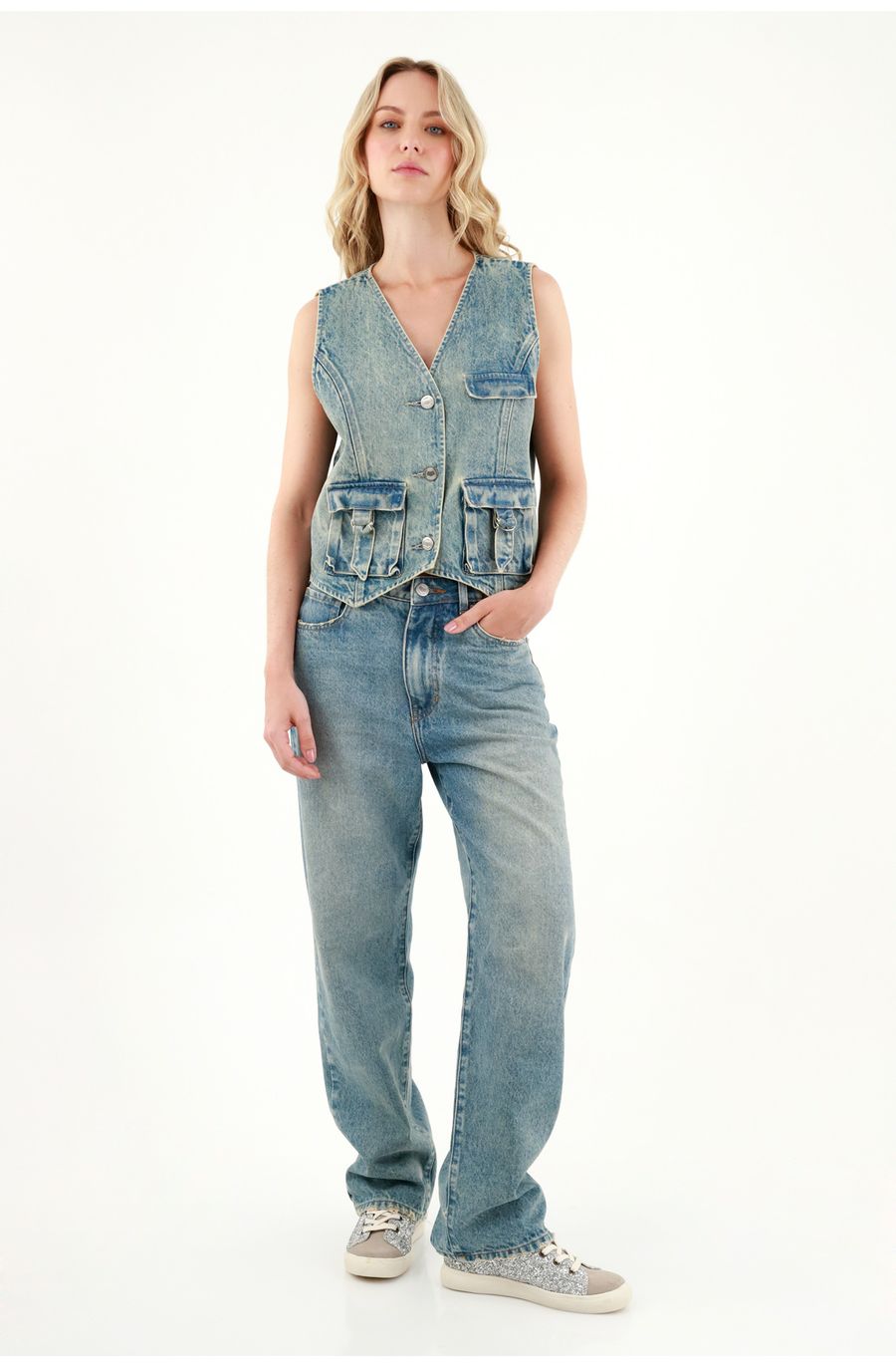 Chaleco con bolsillos cargo azul para mujer