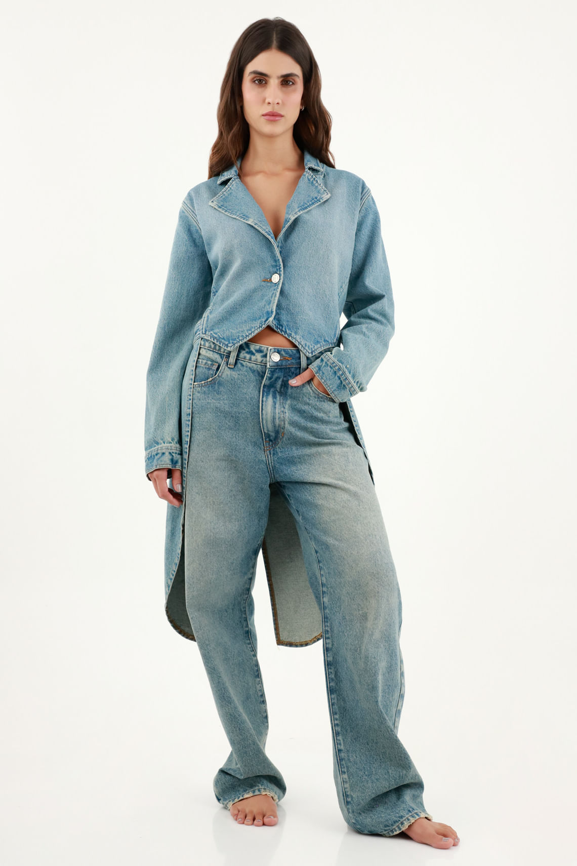 Chaqueta con largo asimétrico en denim para mujer