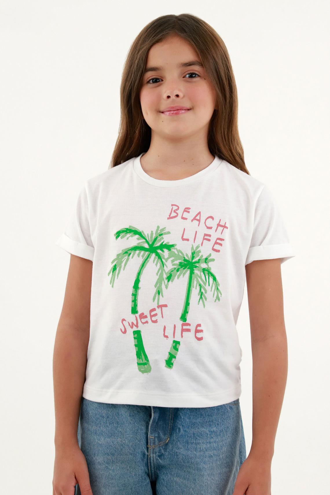 Camiseta básica blanca estampada para niña