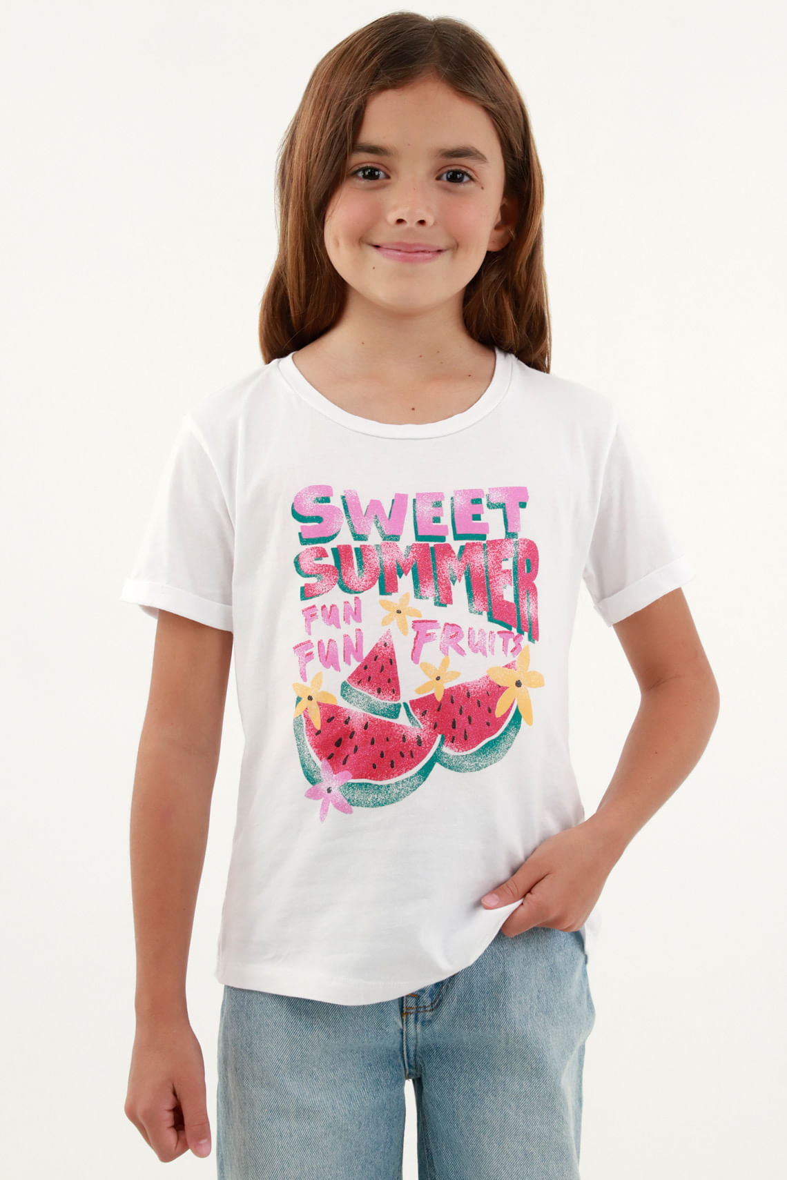 Camiseta básica blanca estampada para niña