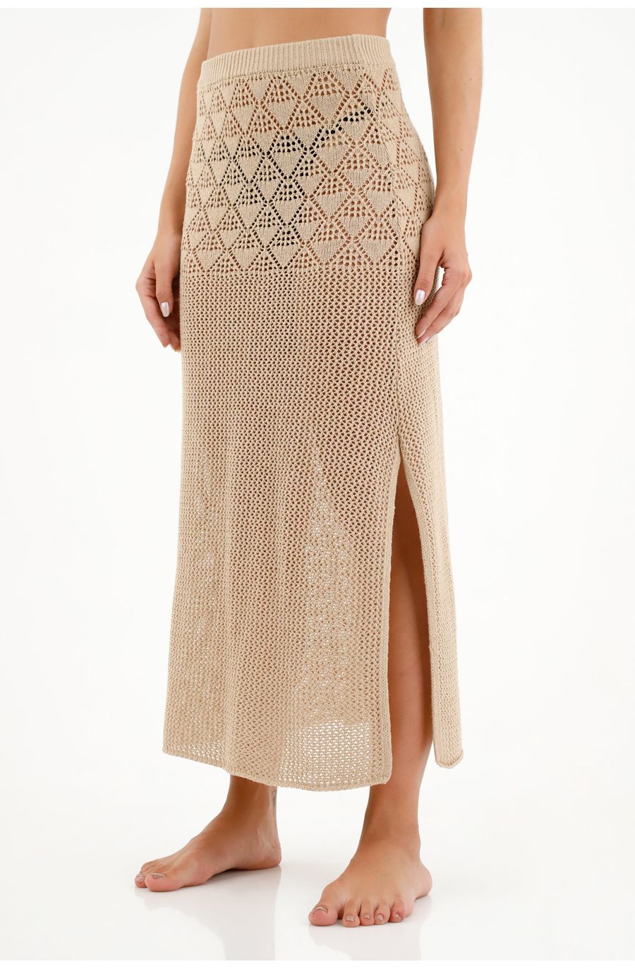 Falda café con mix de tejidos para mujer