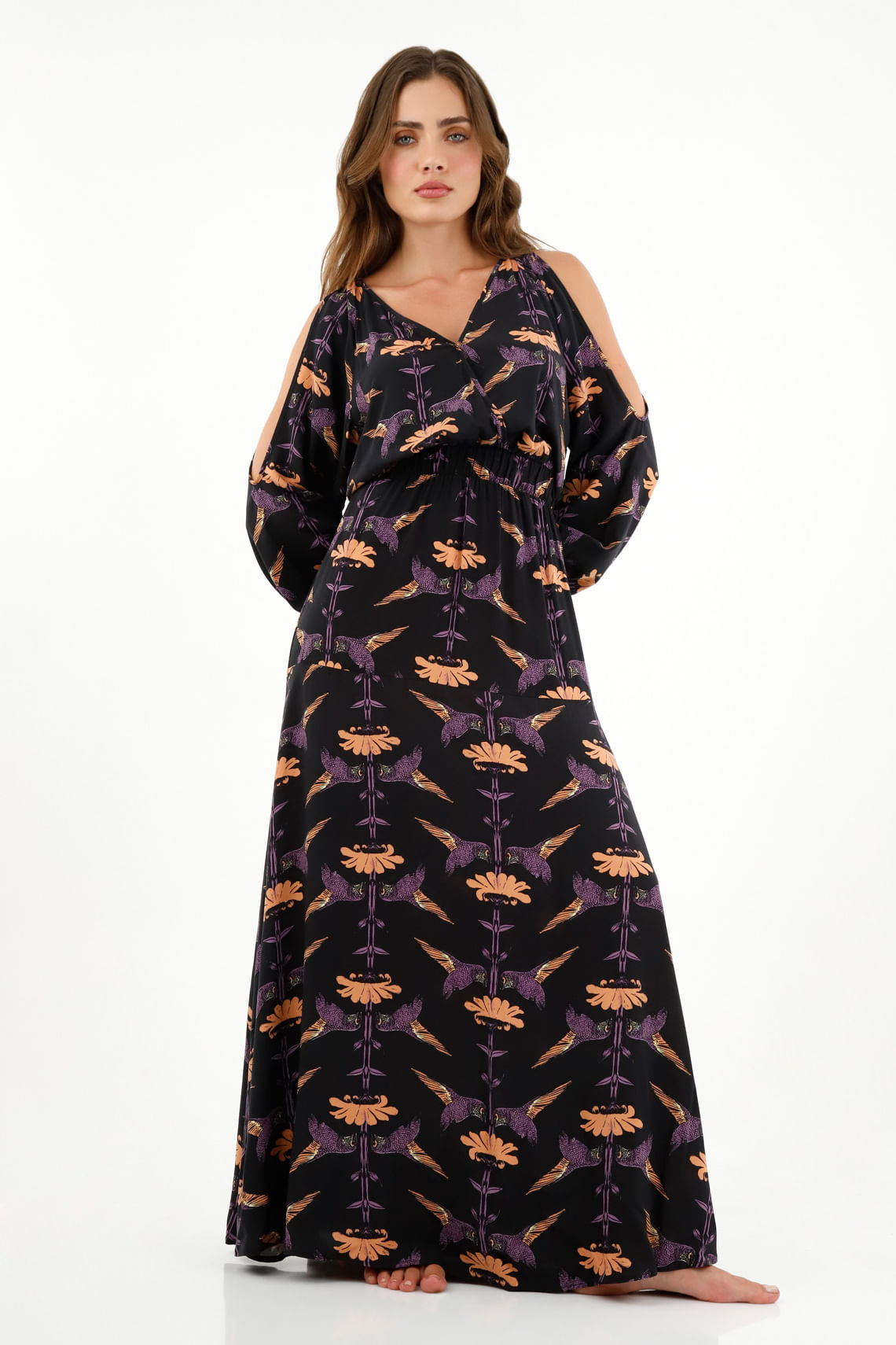 Vestido negro con aberturas en manga para mujer