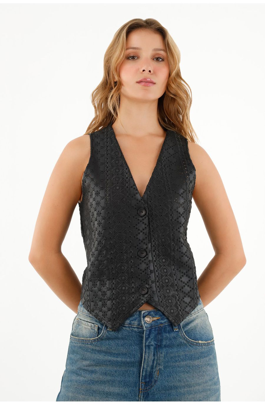Chaleco negro tipo cuero para mujer