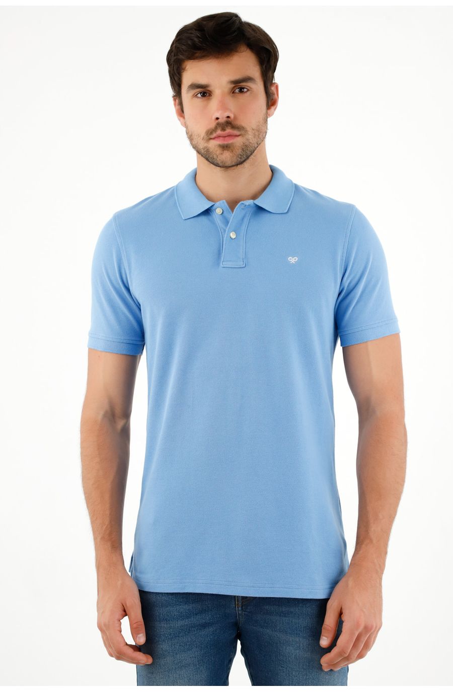 Polo azul con raqueta multicolor para hombre