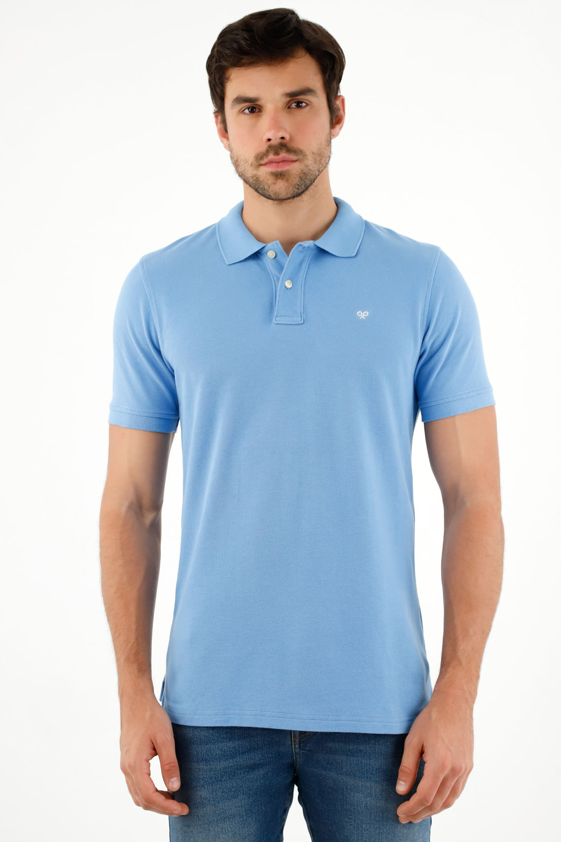Polo azul con raqueta multicolor para hombre
