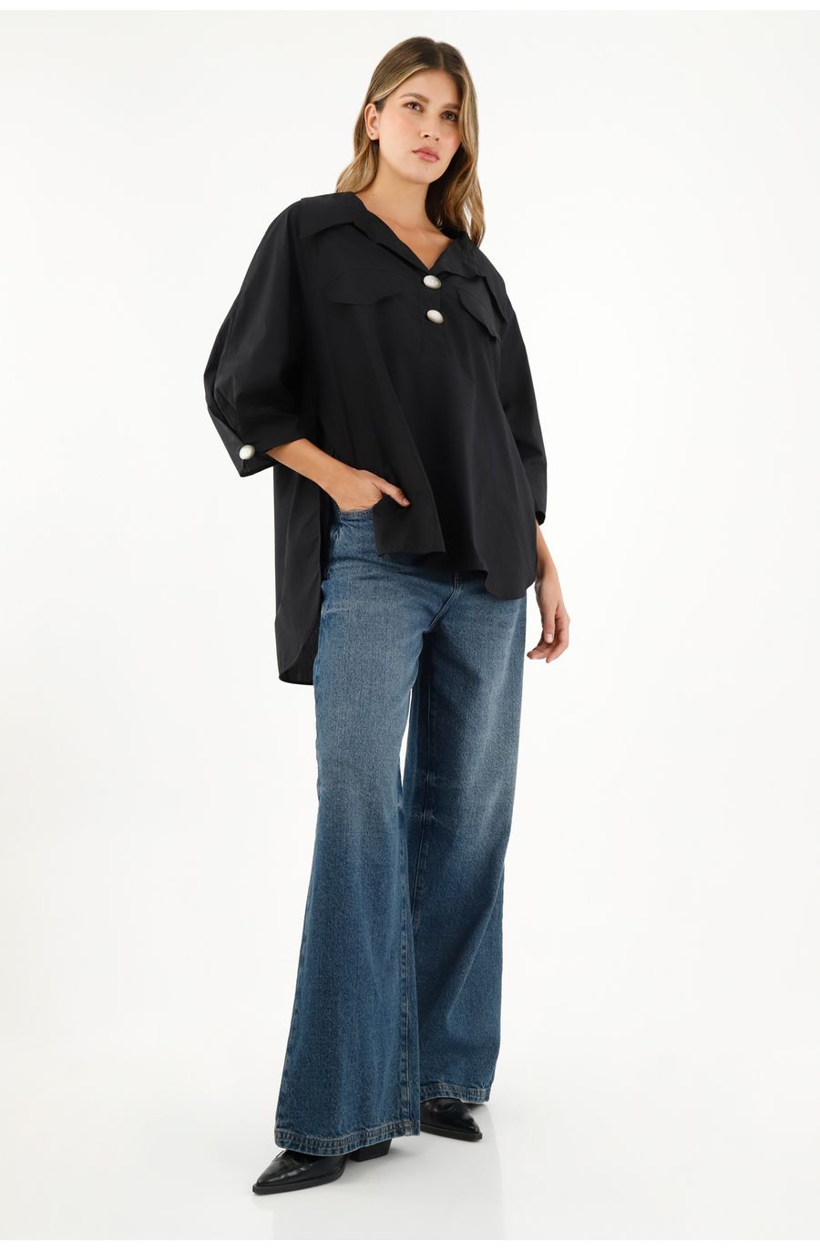 Camisa negra manga 3/4 para mujer