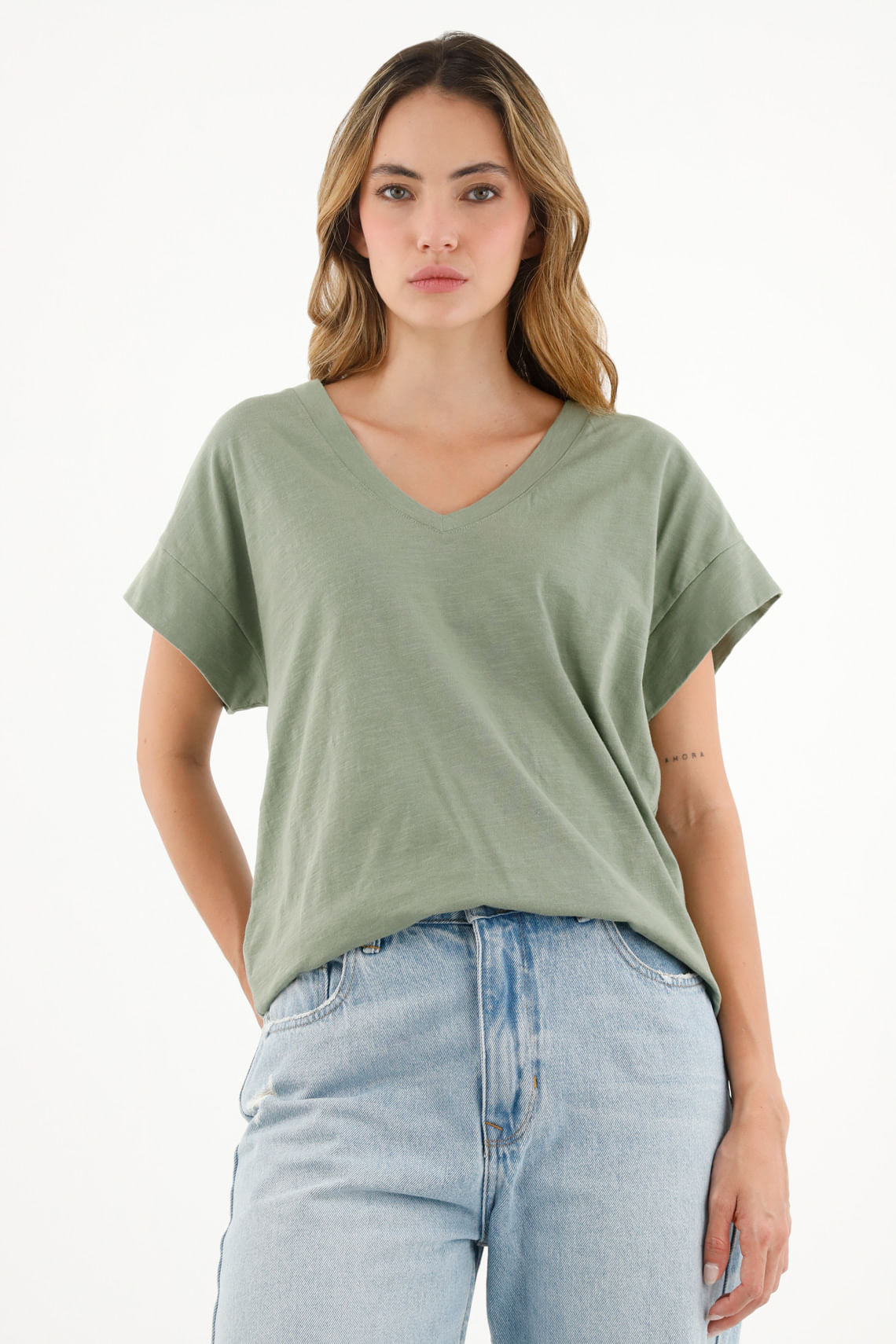 Camiseta verde cuello en V para mujer