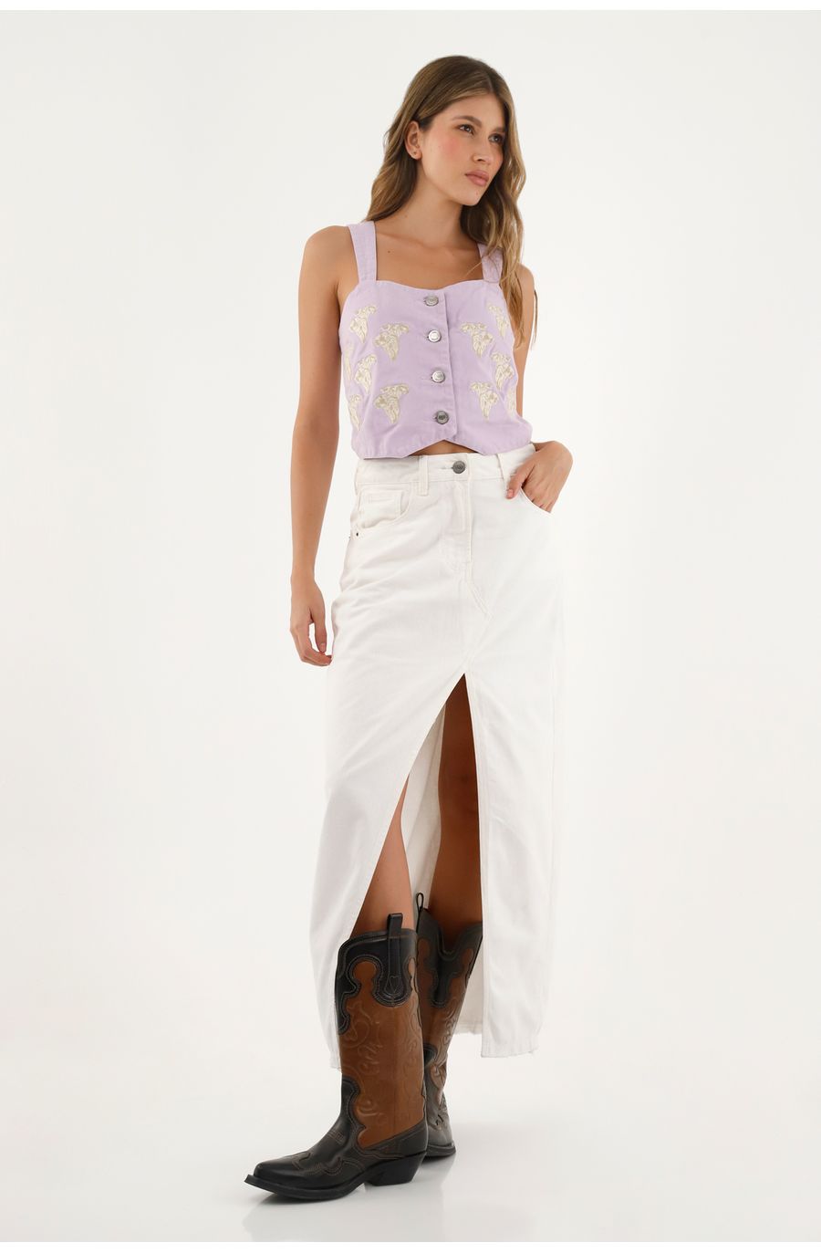 Camisa con bordado decorativo morada para mujer