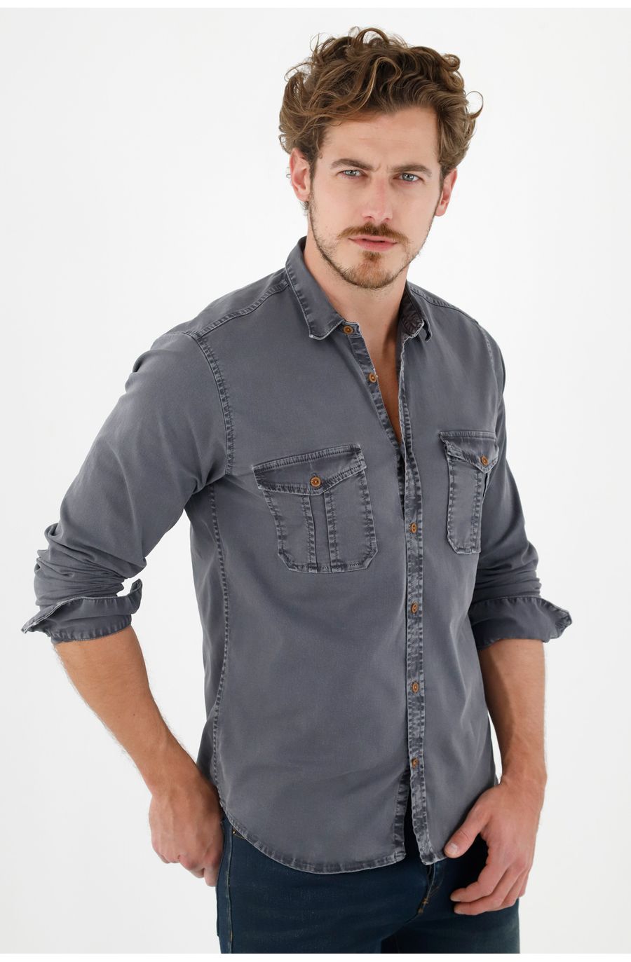 Camisa manga larga azul para hombre