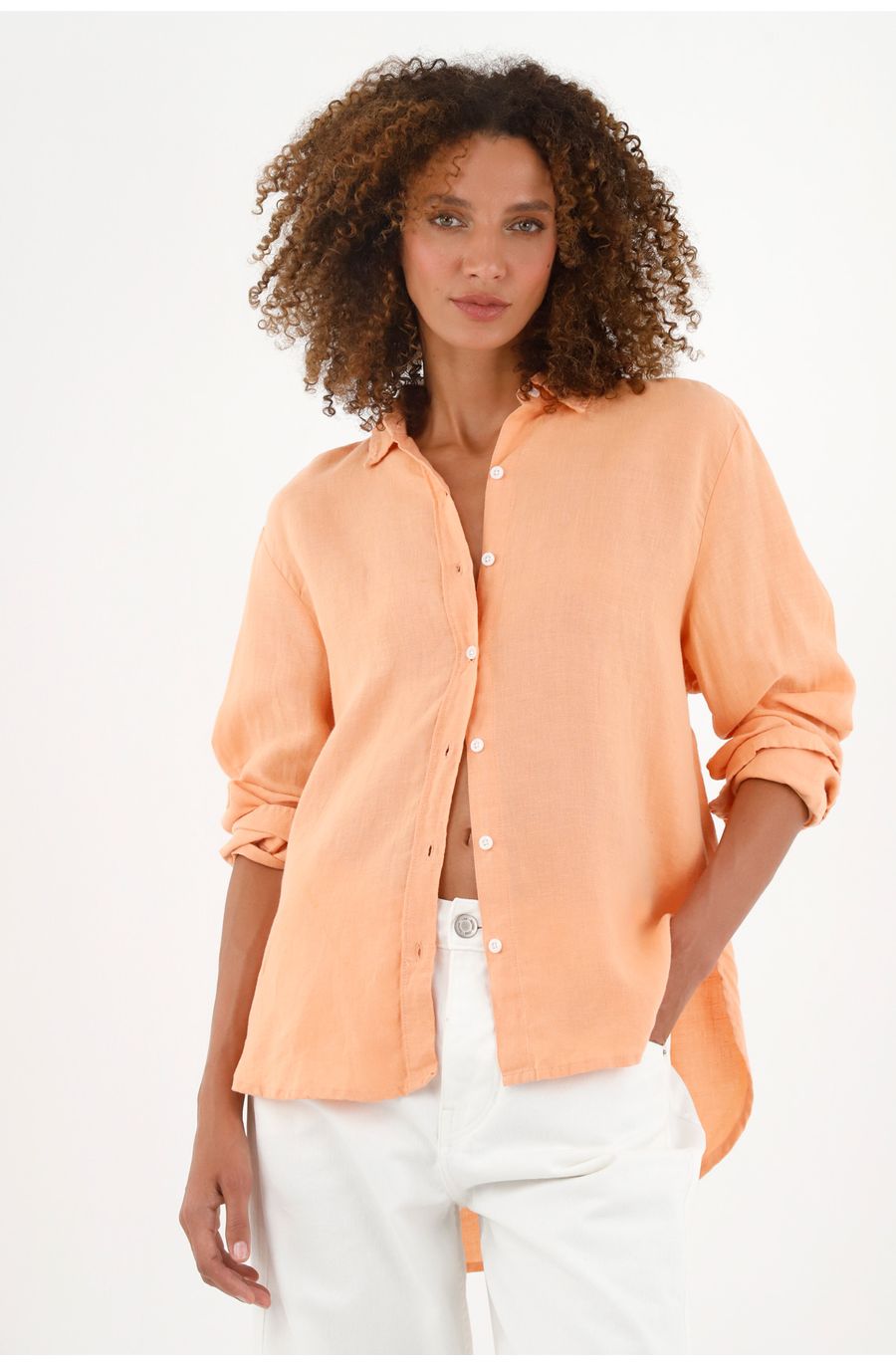 Camisa en 100% lino naranja para mujer