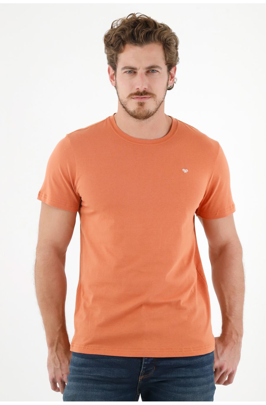 Camiseta naranja estampada en espalda para hombre