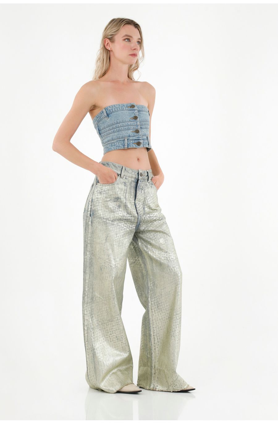 Jean Wide Leg efecto metalizado para mujer