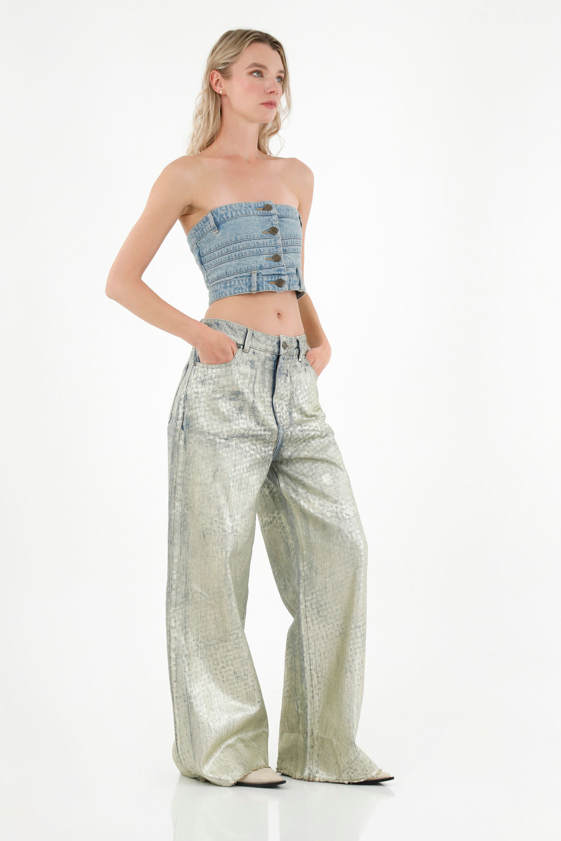 Jean Wide Leg efecto metalizado para mujer