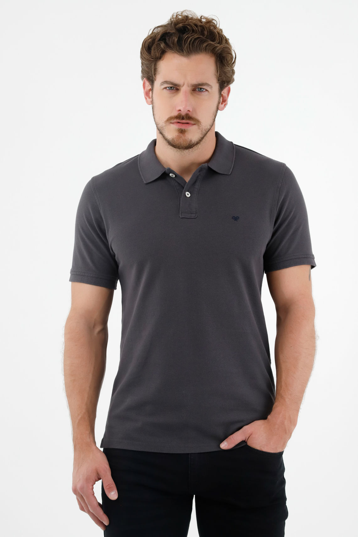 Polo gris con raqueta multicolor para hombre