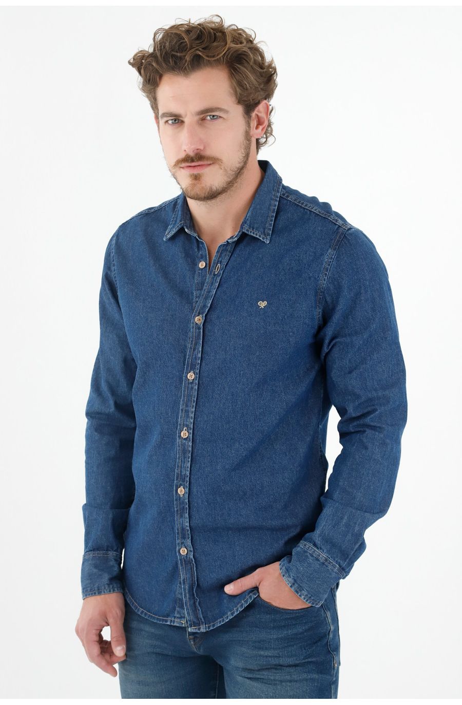Camisa manga larga azul para hombre