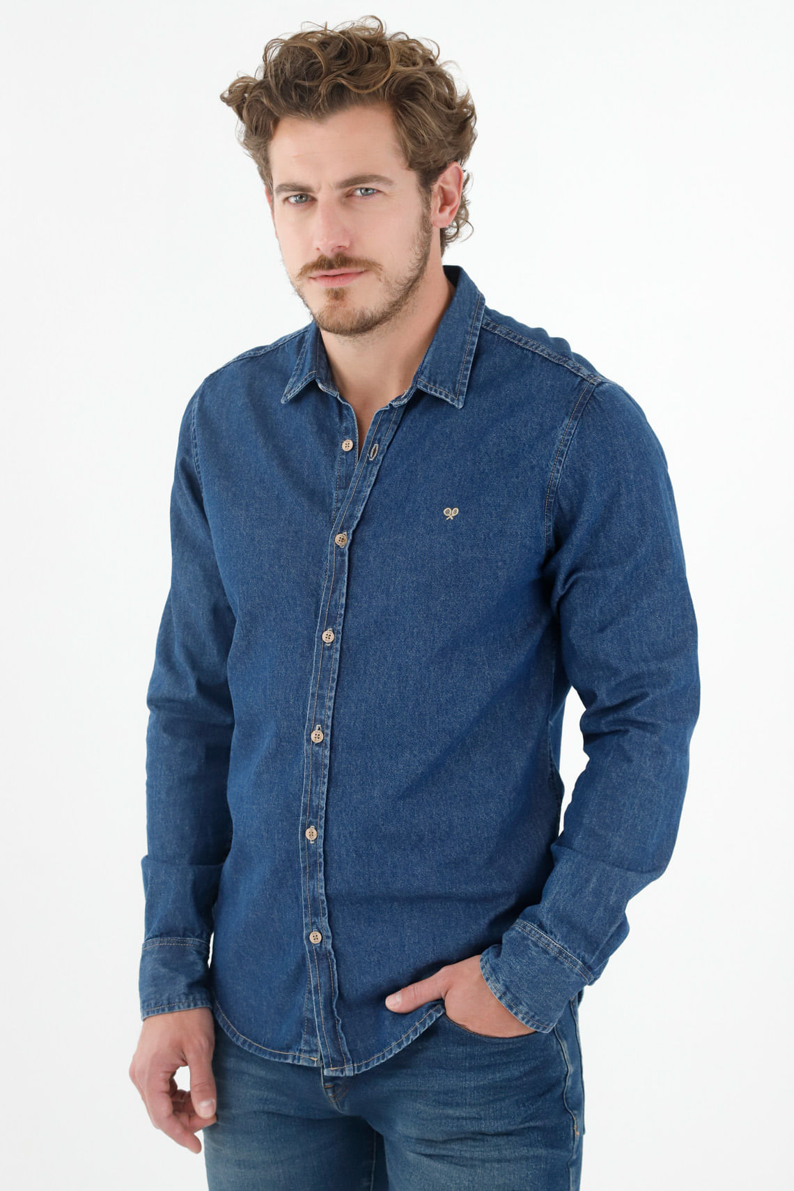 Camisa azul manga larga hombre on sale