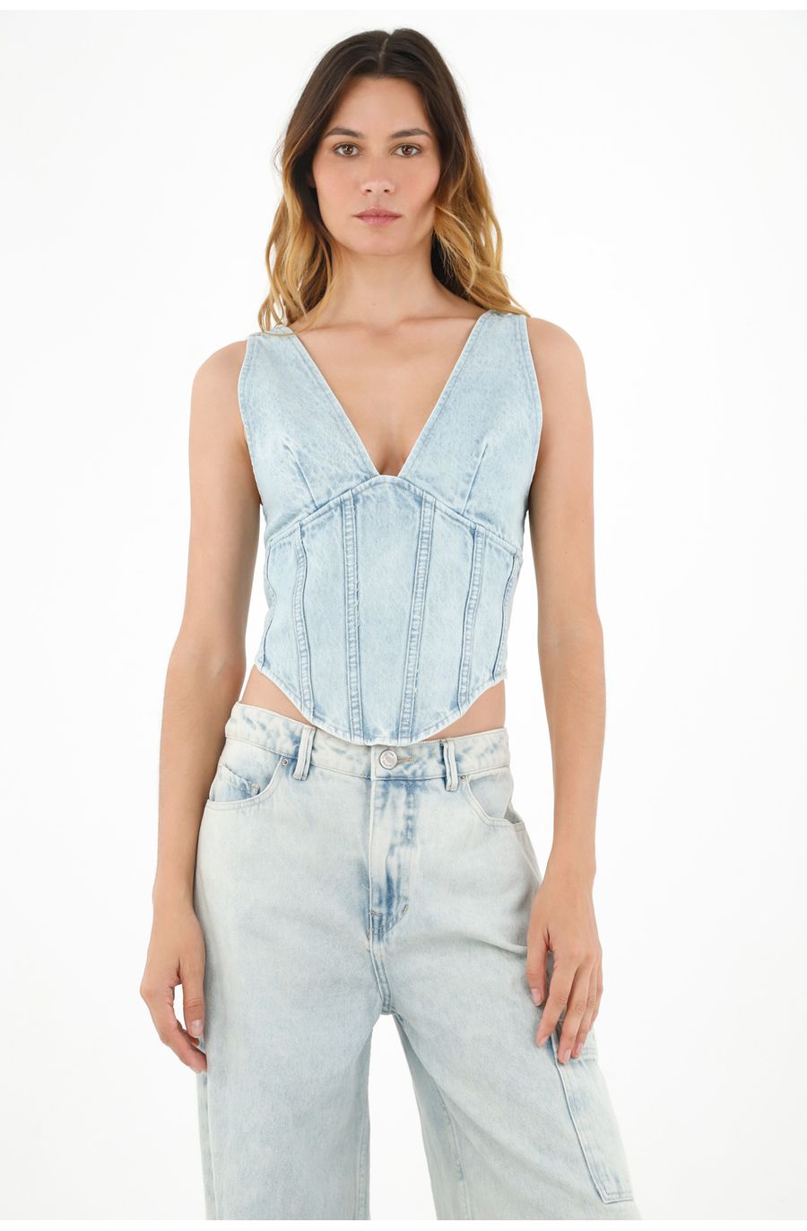 Top azul tipo corsé para mujer