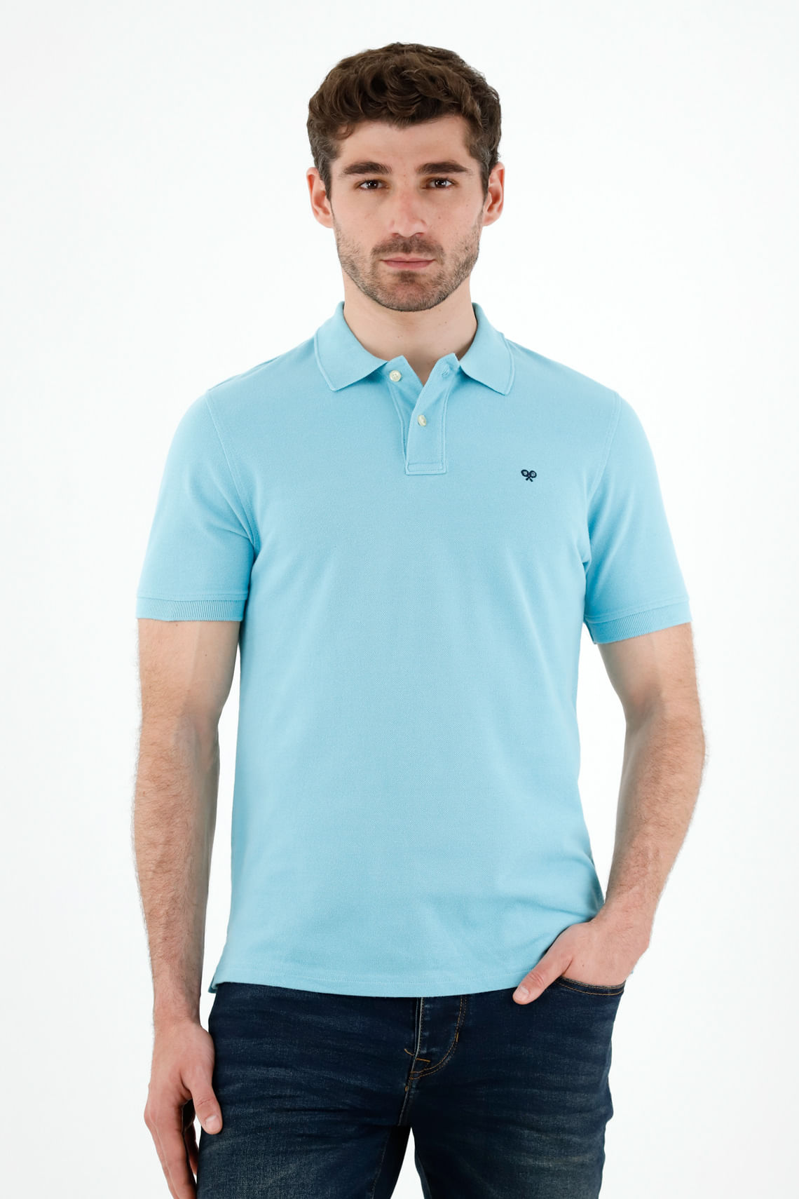Polo azul con raqueta multicolor para hombre