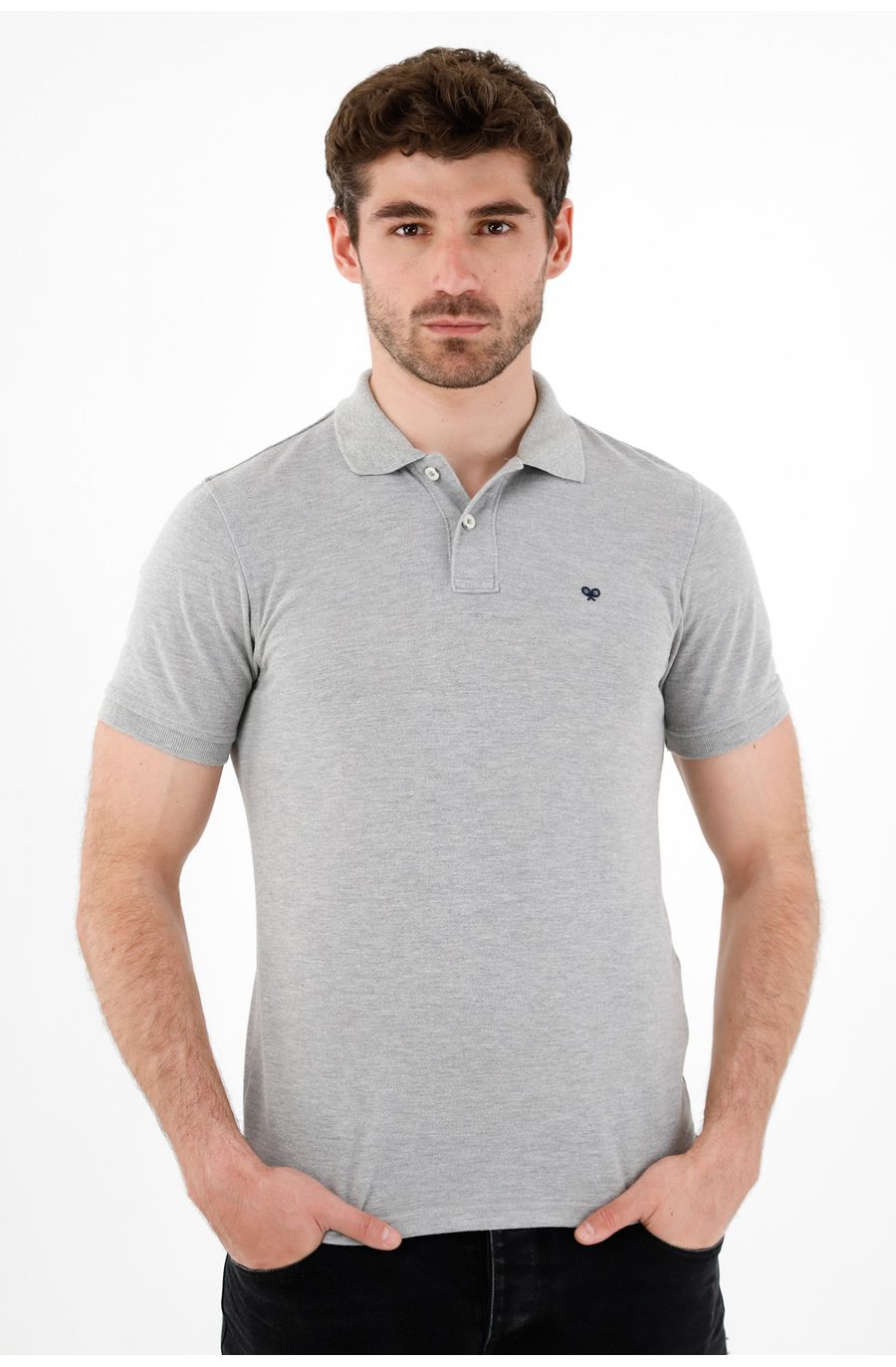 Polo gris con raqueta multicolor para hombre
