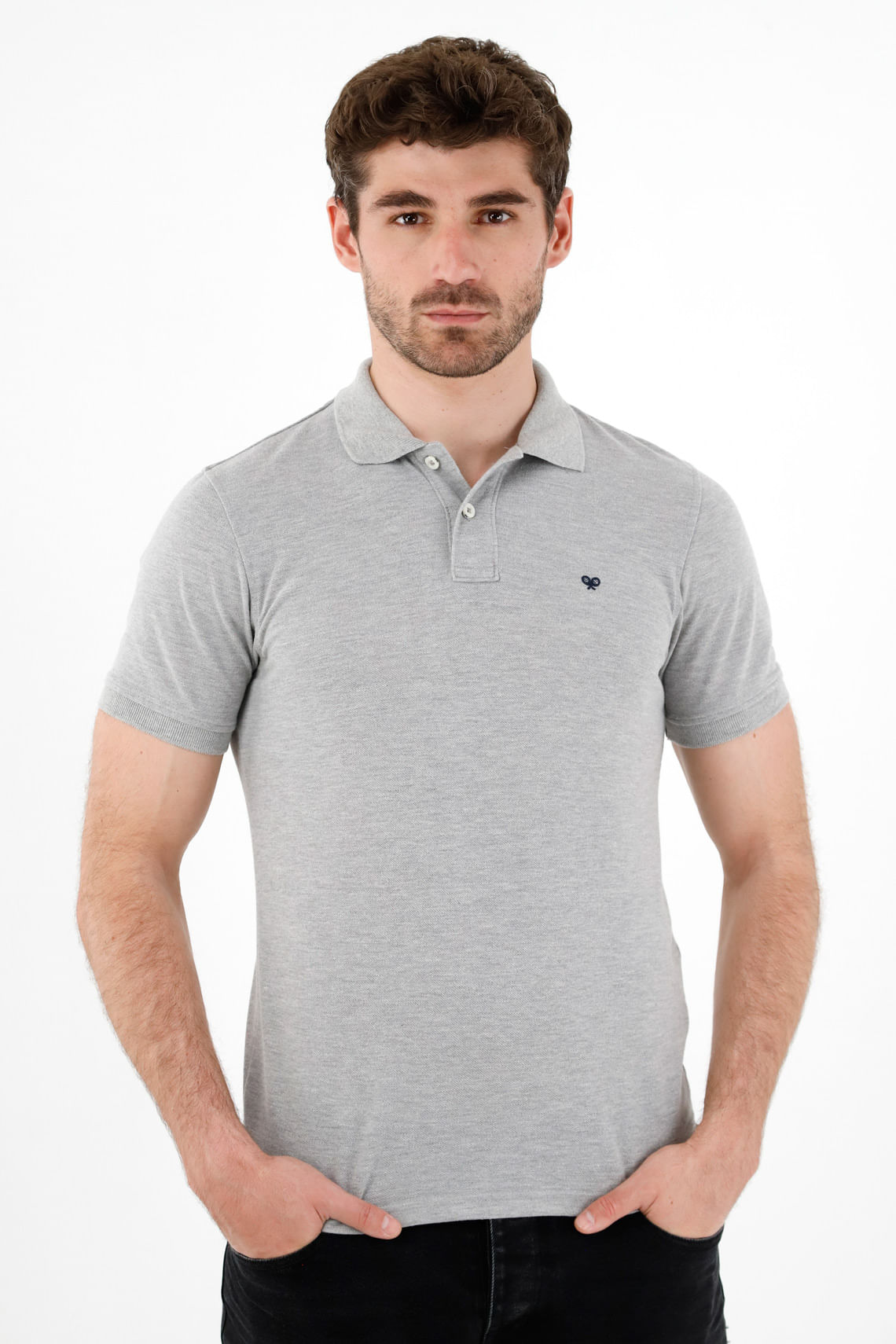 Polo gris con raqueta multicolor para hombre