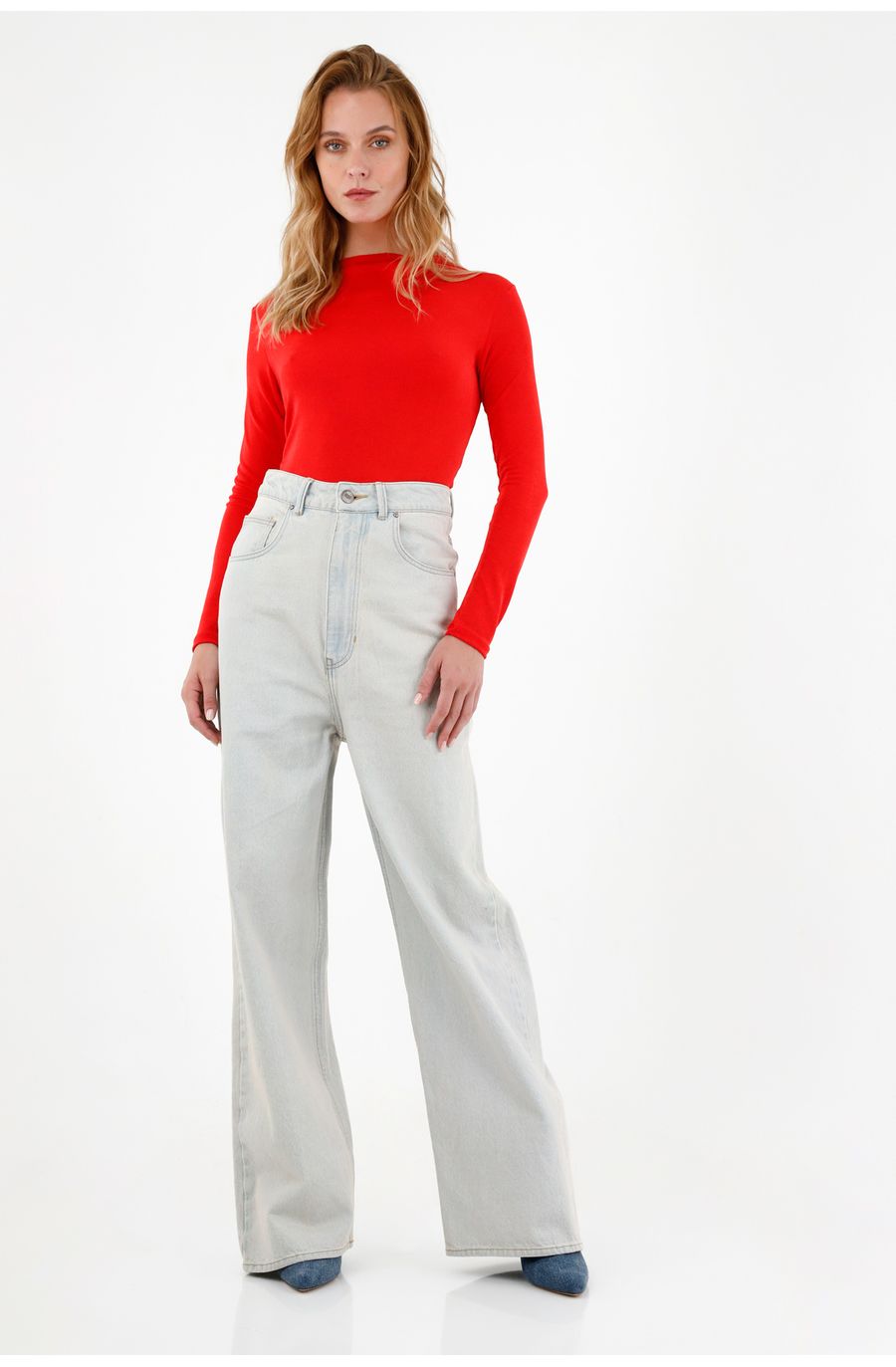 Jean azul de tiro súper alto para mujer