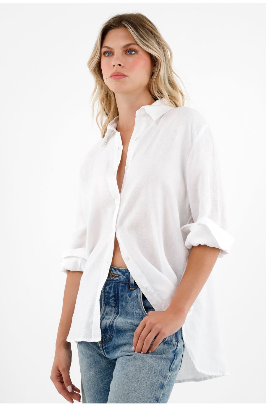 Camisa 100% lino manga larga blanca para mujer