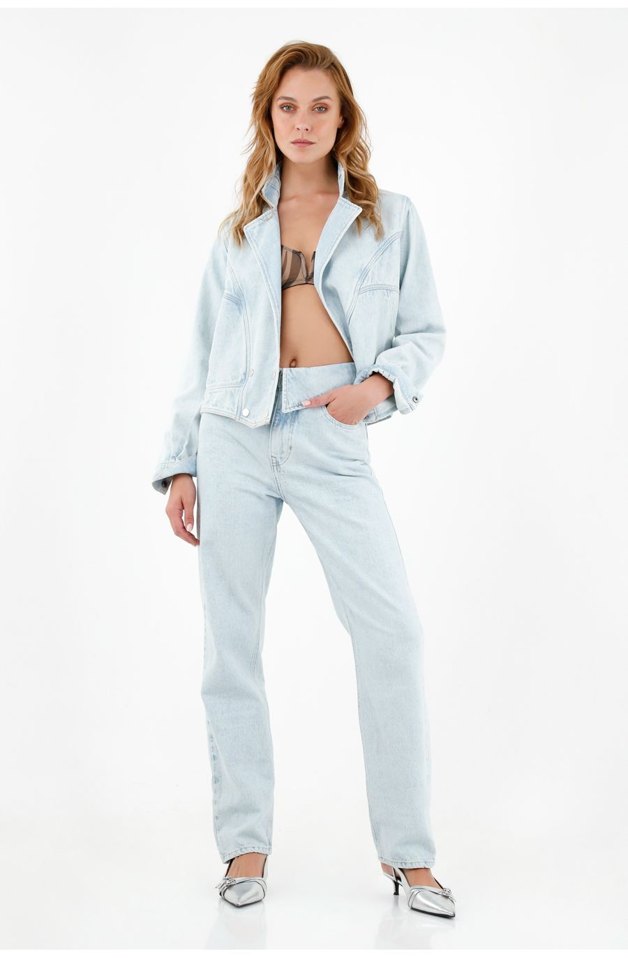 Jean con pretina dobladillada azul para mujer