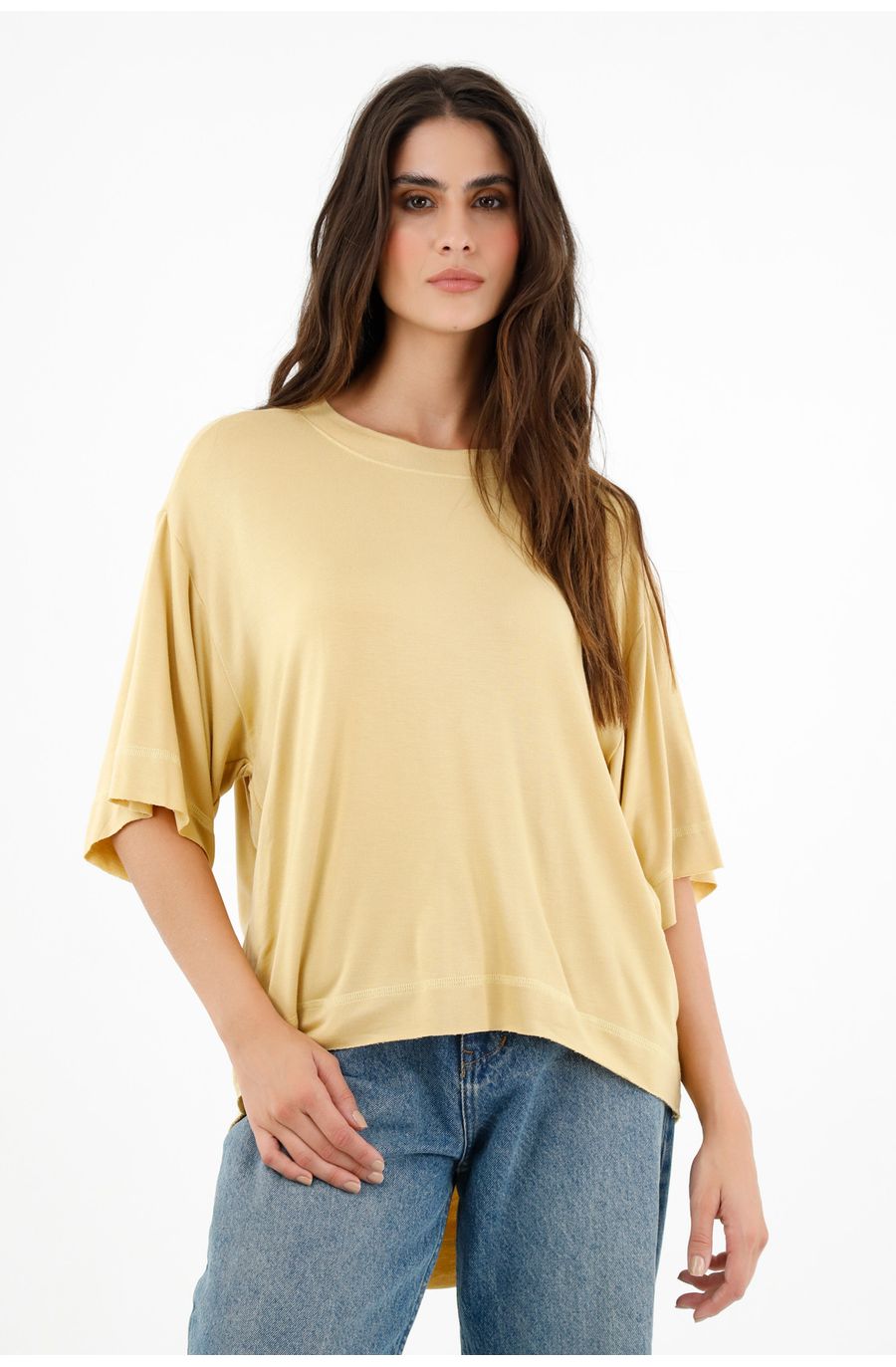 Camiseta amarilla con ruedo largo para mujer