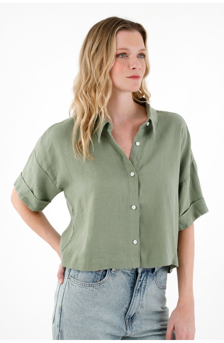 Camisa verde en 100% lino para mujer