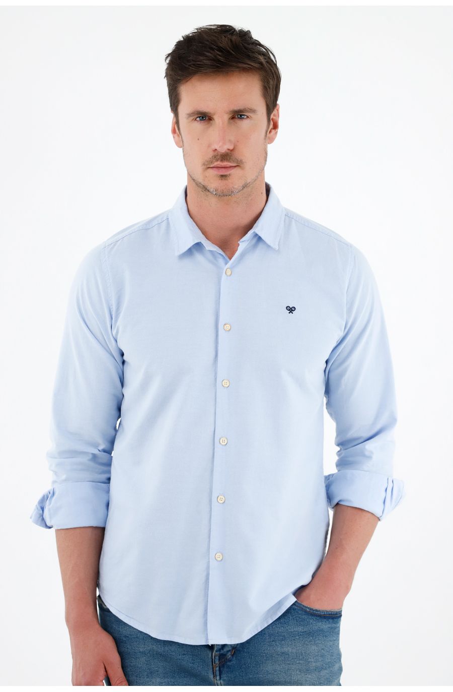 Camisa azul manga larga para hombre