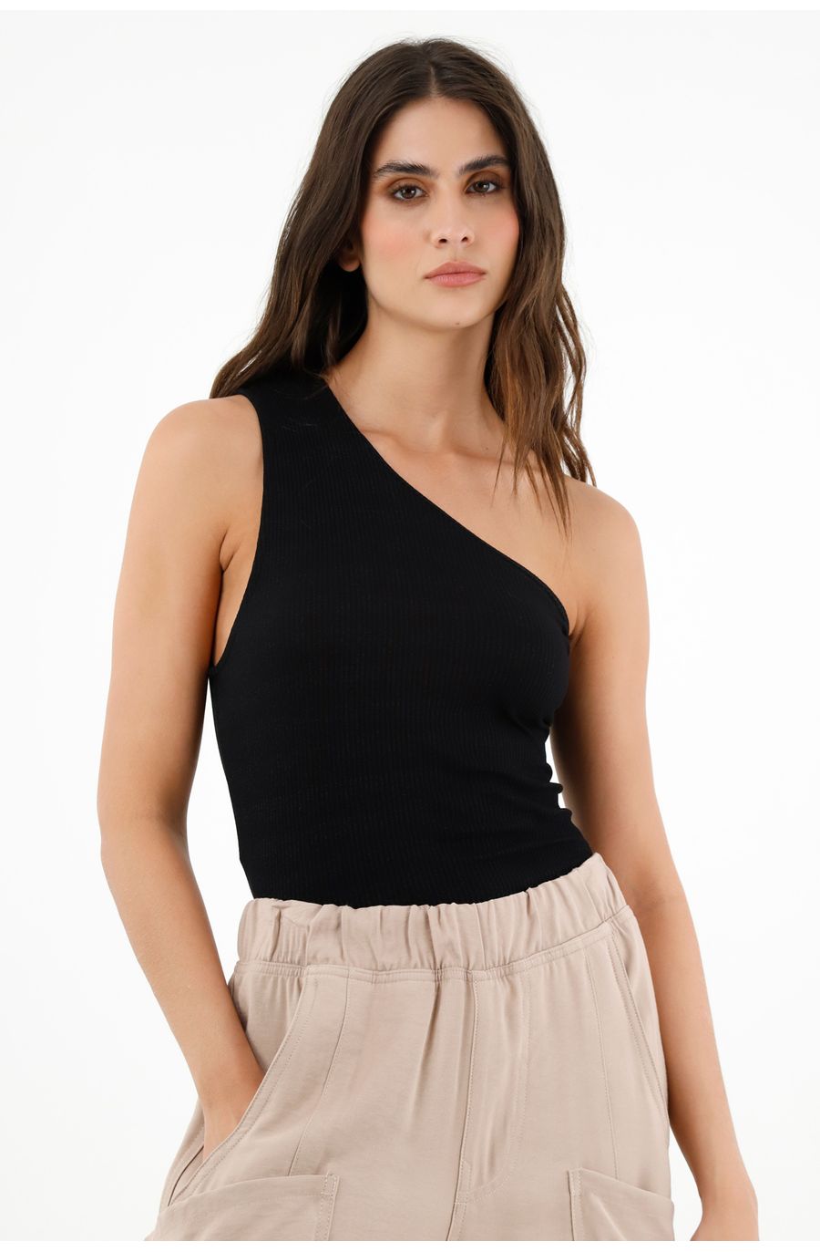 Camiseta de un solo hombro negra para mujer