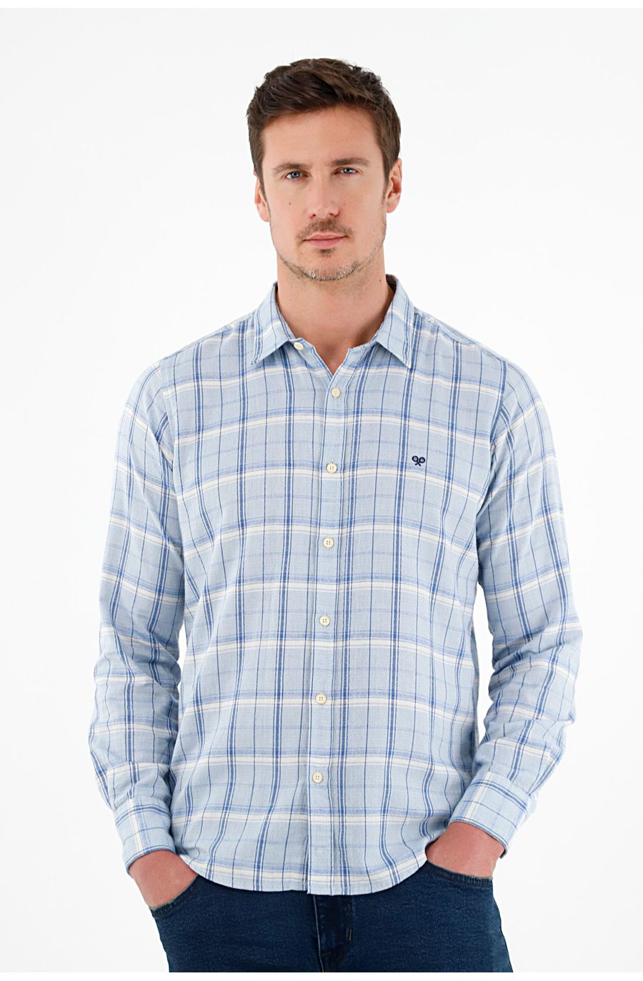 Camisa con diseño a cuadros azul para hombre