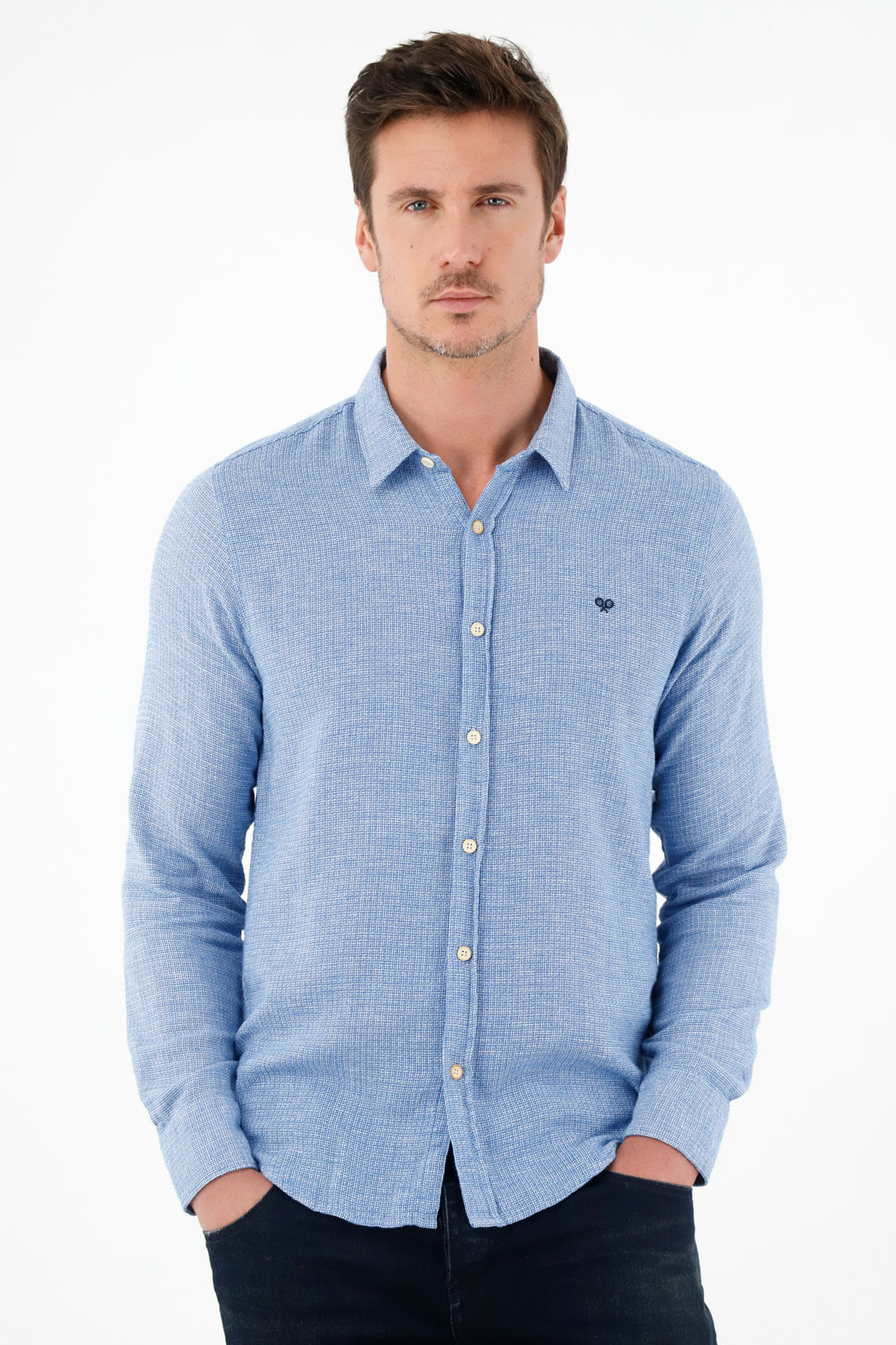 Camisa azul tela tipo tejida para hombre