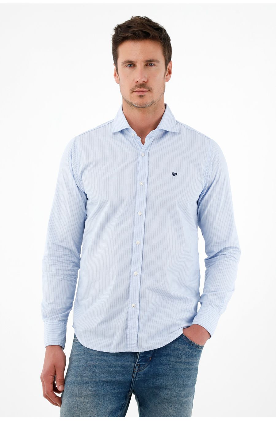 Camisa con diseño a rayas azul para hombre