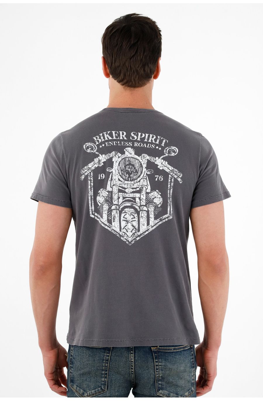 Camiseta gris estampada en posterior para hombre